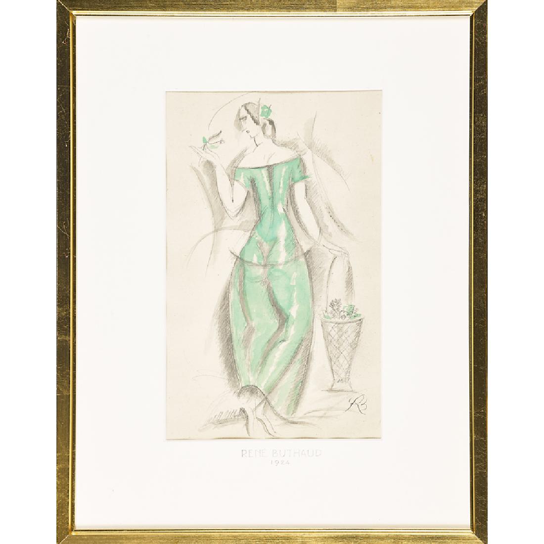 RENE BUTHAUD Two watercolors: RENE BUTHAUD (1886 - 1986) Two studies for vases (Woman in Green Dress with Flower Basket), France, 1924 (framed) Watercolor, charcoal, and graphite on paper Each signed and dated Sight: 12 1/4" x 7 1
