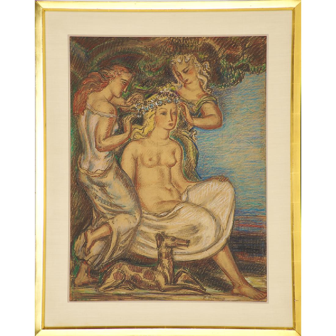 RENE BUTHAUD Untitled cartoon, nude with maidens: RENE BUTHAUD (1886 - 1986) Untitled cartoon (Nude with Maidens and Dog), France (framed) Pastel or crayon and charcoal on paper Signed R. BUTHAUD Sight: 28" x 21" Provenance: The artist Michel Fortin,