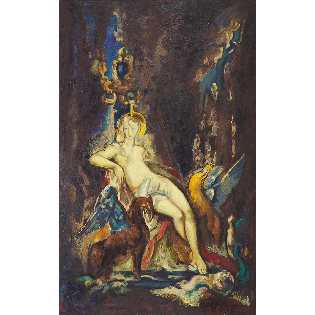 RENE BUTHAUD Painting after Gustave Moreau: RENE BUTHAUD (1886 - 1986) "La fée aux Griffons (The Griffin Fairy)" after Gustave Moreau, France Oil on board Signed R. BUTHAUD 56 1/2" x 35 1/4" Provenance: The artist Michel Fortin, Paris Collecti