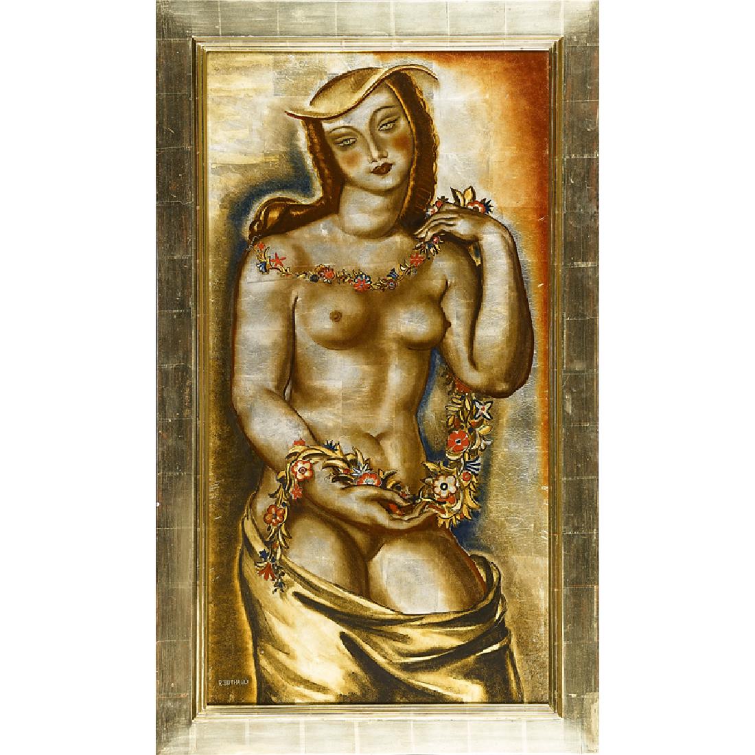 RENE BUTHAUD Verre églomisé panel (Nude Woman): RENE BUTHAUD (1886 - 1986) Fine verre églomisé panel (Nude Woman with Hat and Flower Garland), France (framed) Plate glass, lacquer, silver leaf Signed R. BUTHAUD Sight: 38 1/4" x 19 1/4" Provenance