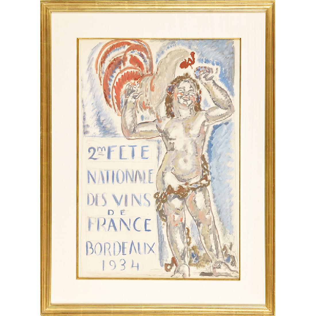 RENE BUTHAUD Study for a wine poster w/ Bacchus: RENE BUTHAUD (1886 - 1986) Poster study for La Deuxième Fête Nationale du Vin de France (the Second National Wine Festival of France), Bordeaux, featuring Bacchus and Rooster, France, ca. 1934 (fram