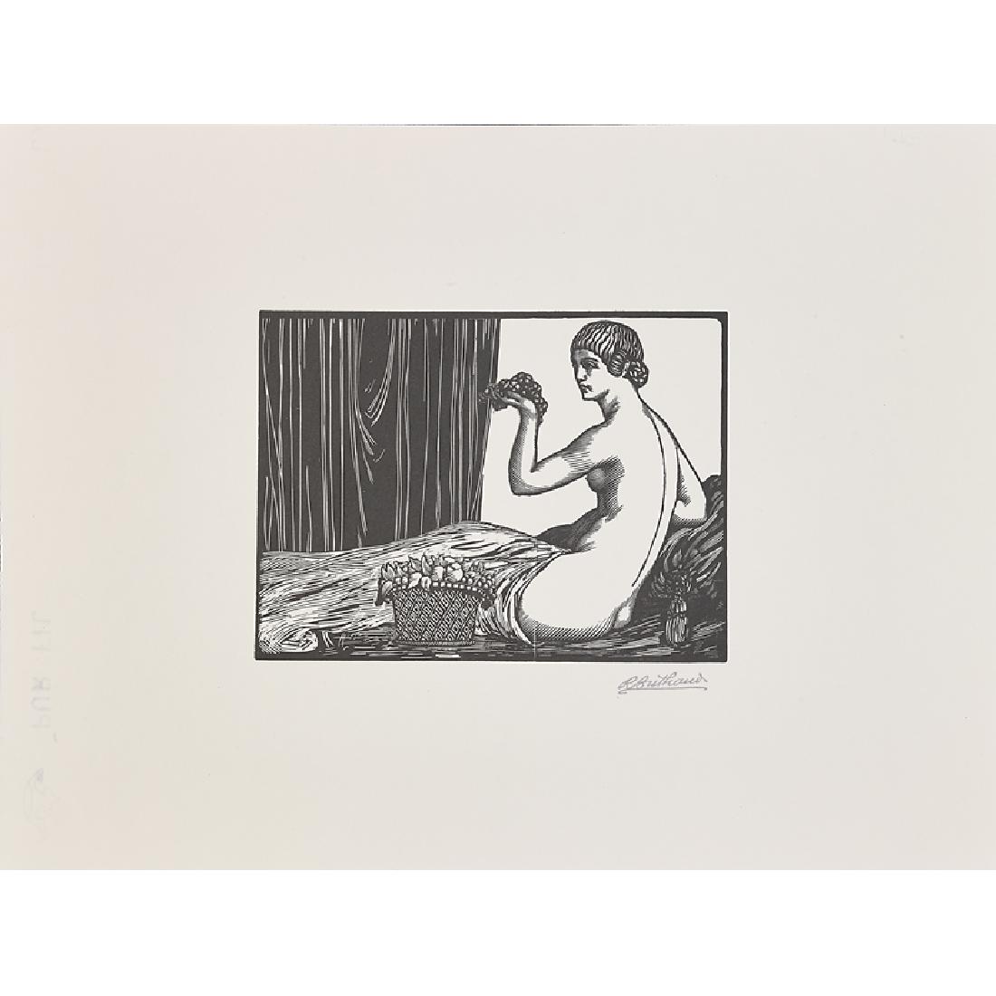 RENE BUTHAUD Eight woodblock prints: RENE BUTHAUD (1886 - 1986) Six woodblock prints, France: "Deux Amies avec Chien" (edition of 35) and two "L'Odalisque" (Nude with Grapes, edition of 25) Ink on paper All signed, all but one numbered I
