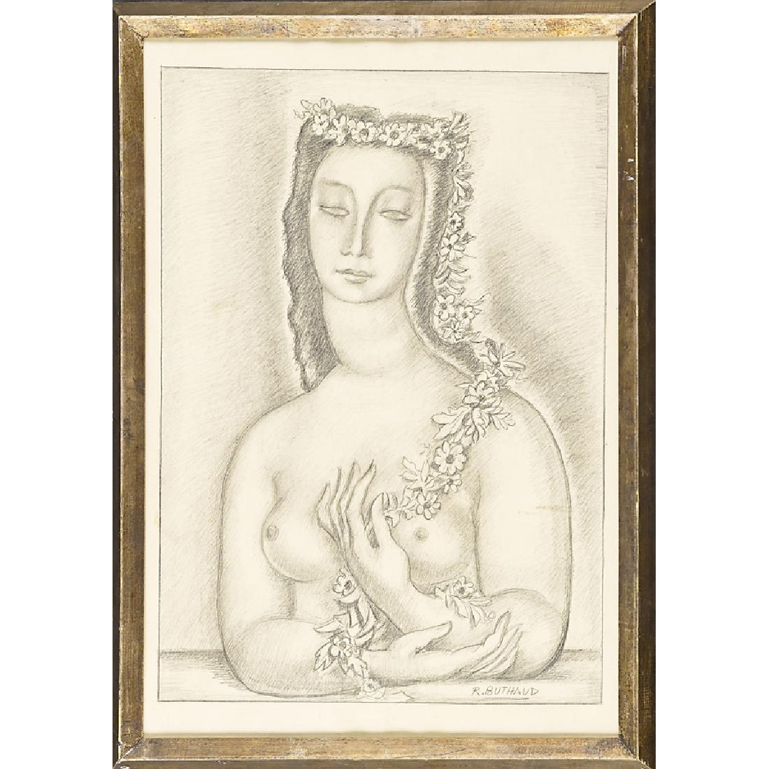 RENE BUTHAUD Untitled drawing (Nude with Garland): RENE BUTHAUD (1886 - 1986) Untitled drawing (Nude with Garland), France, 1920s (framed) Graphite on paper Signed R. BUTHAUD Sight: 23 1/4" x 15 1/2" Provenance: The artist Michel Fortin, Paris Collect
