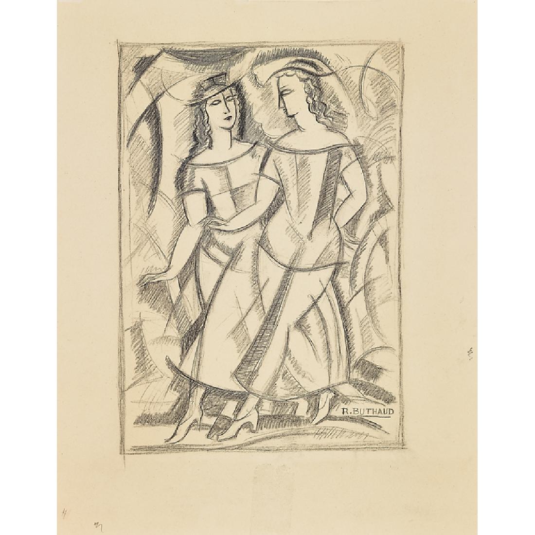 RENE BUTHAUD Untitled (Two Friends): RENE BUTHAUD (1886 - 1986) Untitled drawing (Two Friends), France Charcoal and graphite on wallpaper Signed R. BUTHAUD Image: 20" x 14" Provenance: The artist Michel Fortin, Paris Collection of Stephe