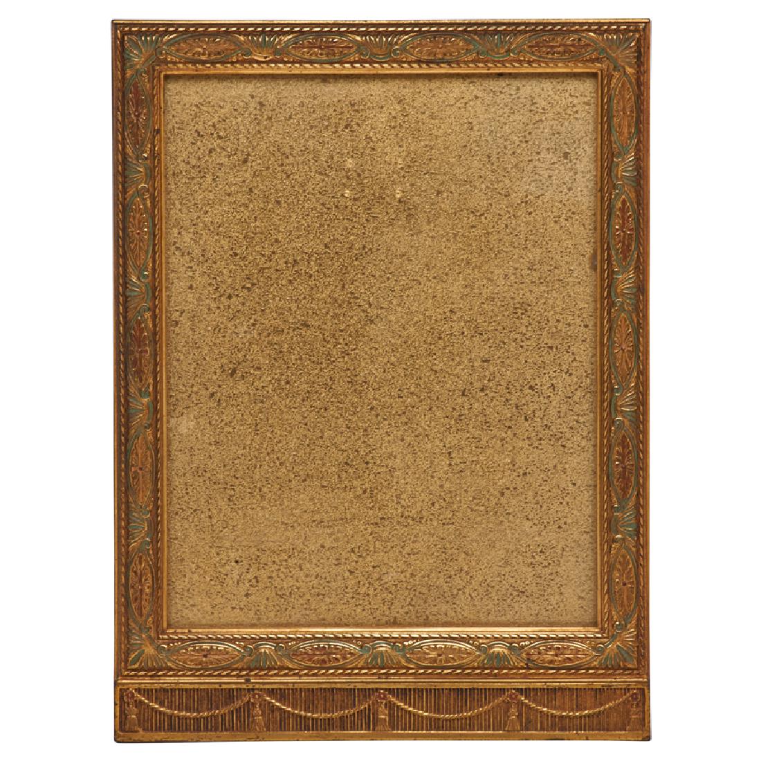 TIFFANY STUDIOS Enameled Adam picture frame: TIFFANY STUDIOS Adam picture frame, New York, 1920s Acid-etched, gilt, and enameled bronze, glass Stamped TIFFANY STUDIOS NEW YORK 1610 12" x 9"