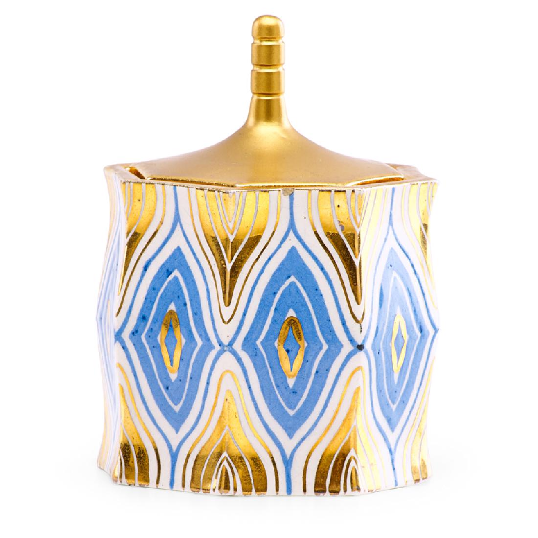 PAVEL JANAK Rare Cubist covered vessel: PAVEL JANAK (1882 - 1956) ARTEL Rare Cubist covered vessel, Czechoslovakia, ca. 1910 Glazed and gilt earthenware Impressed E 876, numbered 18. 19. 4 3/4" x 3 1/2"