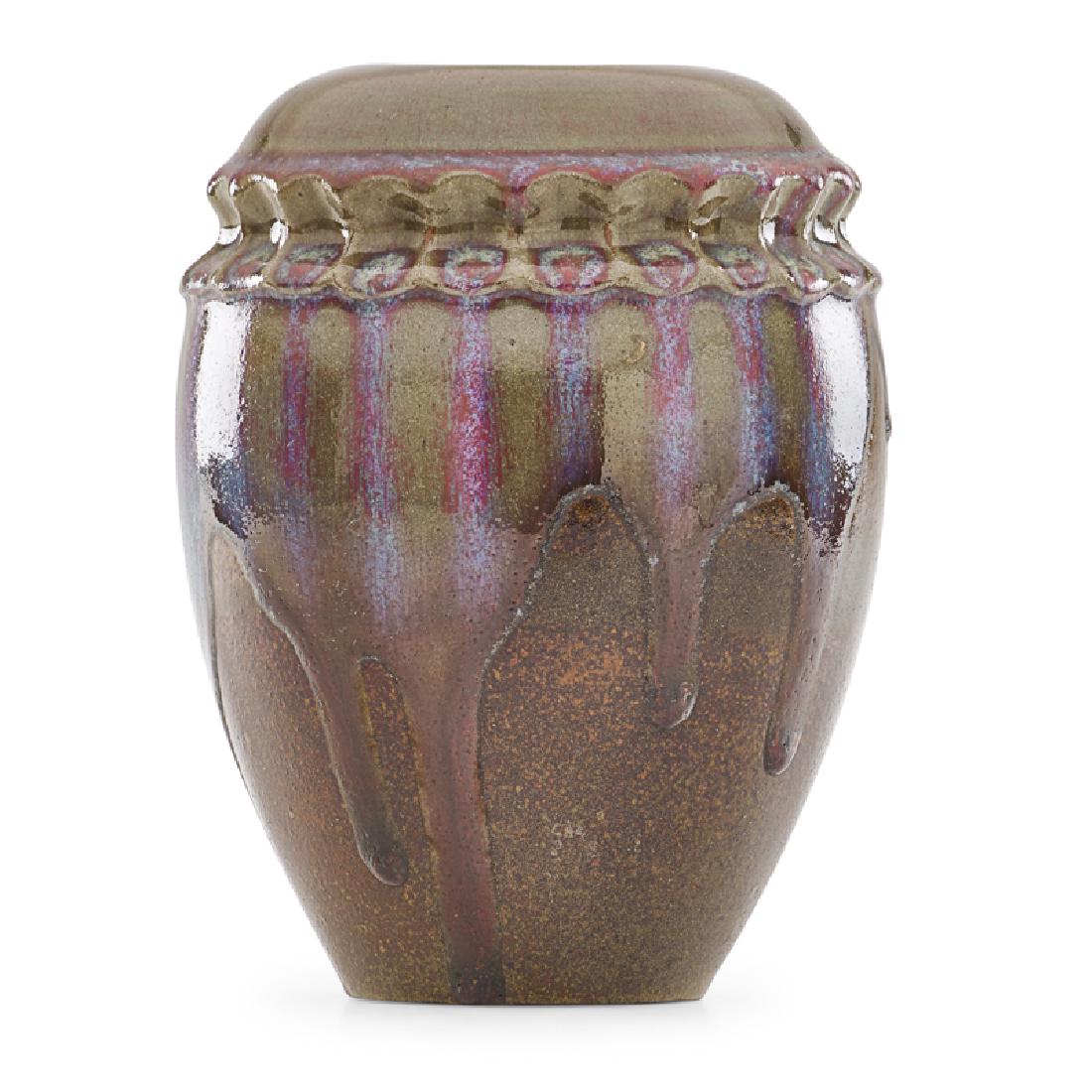 AUGUSTE DELAHERCHE Vase: AUGUSTE DELAHERCHE (1857 - 1940) Vase with indented shoulder and drip glaze, France, ca. 1893 Glazed stoneware Circular stamp/7044 6 3/4" x 5" Provenance: Collection of Robert A Ellison, New York