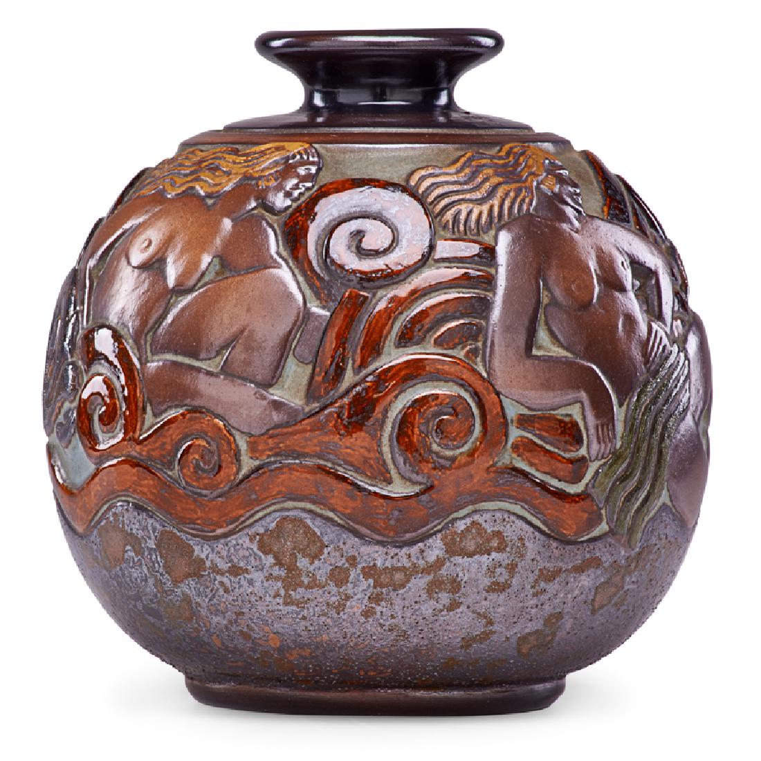 MOUGIN Fine Art Deco vase with nudes: MOUGIN Fine Art Deco vase with dolphins and nude sea godesses, aventurine glaze, France, 1920s Glazed stoneware Impressed MOUGIN 300J Ventrillon, stamped MADE IN FRANCE, signed C148 10" x 9"