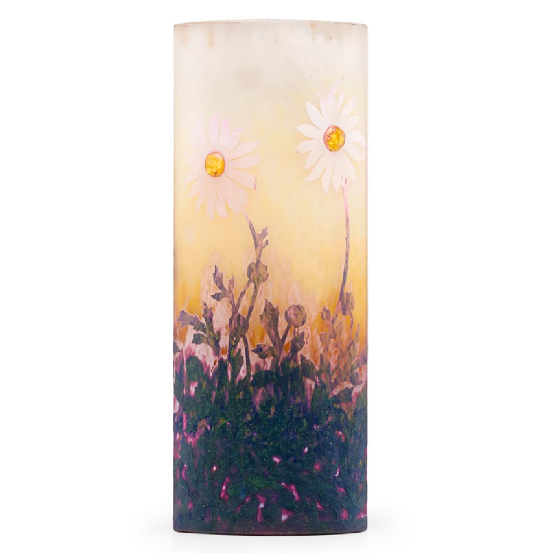 DAUM Fine cameo glass vase w/ daisies: DAUM Fine tall vase with daisies, France, early 20th C. Acid-etched cameo glass, applied glass, foil inclusions Etched Daum Nancy with Croix de Lorraine 11 7/8" x 4 1/2" x 3"