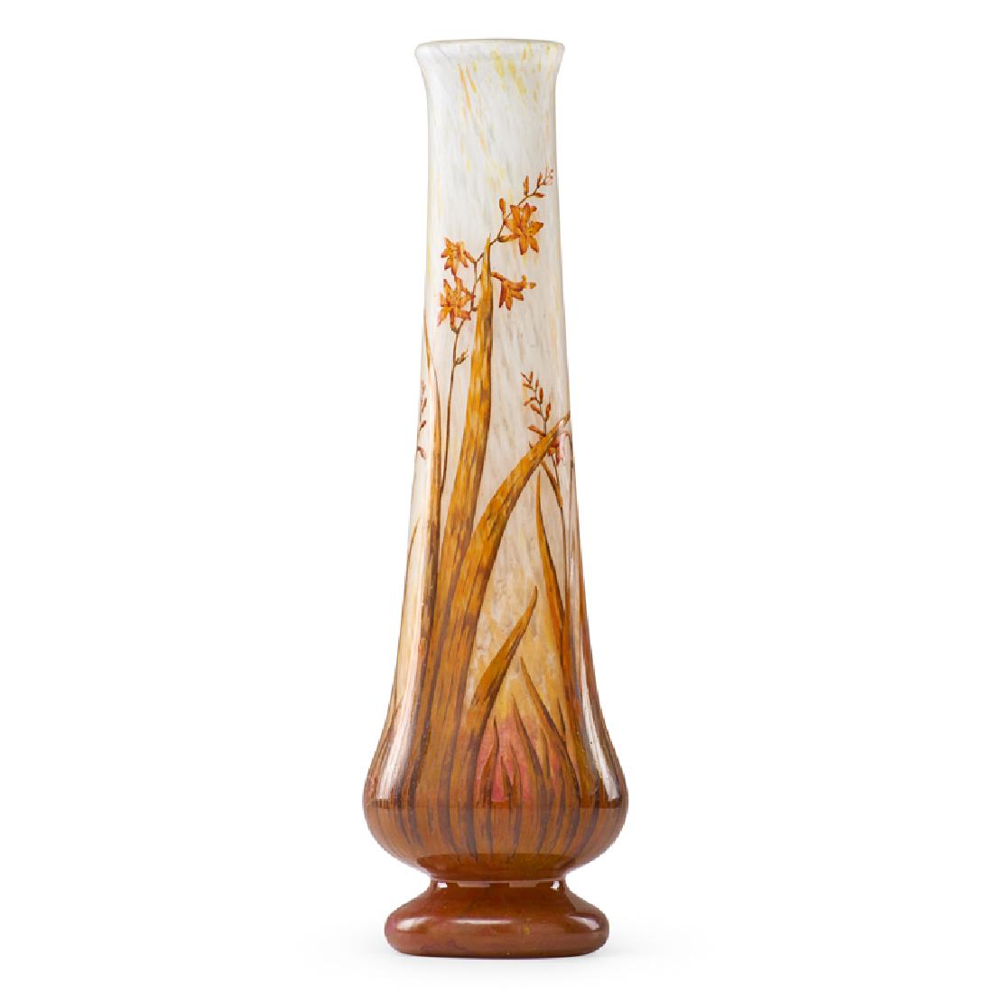 DAUM Massive vase with blossoms: DAUM Massive vase with blossoms, France, early 20th C. Acid-etched and enameled internally decorated cameo glass Signed in cameo 24" x 7"