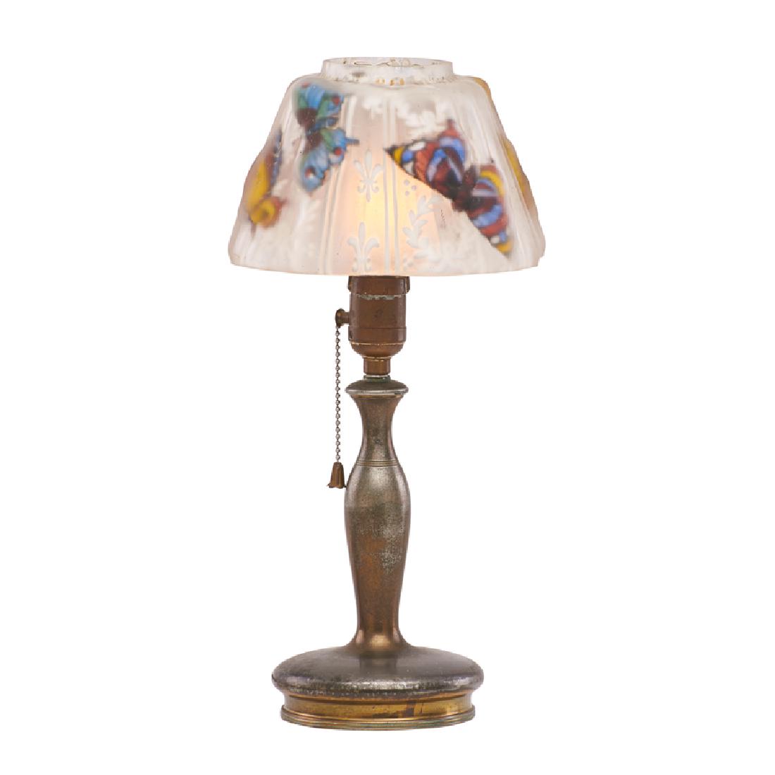 PAIRPOINT Puffy boudoir lamp: PAIRPOINT Puffy boudoir lamp, Balmoral shade with butterflies and fleurs-de-lis design, New Bedford, MA, 1910s-20s Reverse-painted frosted glass, patinated metal, single socket Base stamped PAIRPOINT 