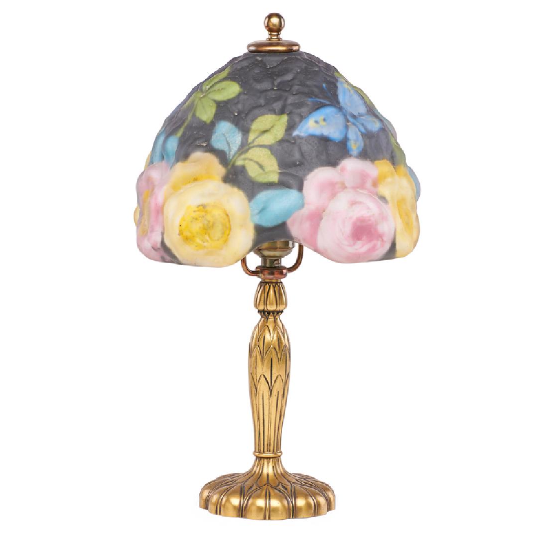 PAIRPOINT Puffy boudoir lamp: PAIRPOINT Puffy boudoir lamp, Rose Tree shade with butterflies and roses, New Bedford, MA, 1910s-20s Reverse-painted frosted glass, patinated metal, single socket Base stamped PAIRPOINT C3064 with P i