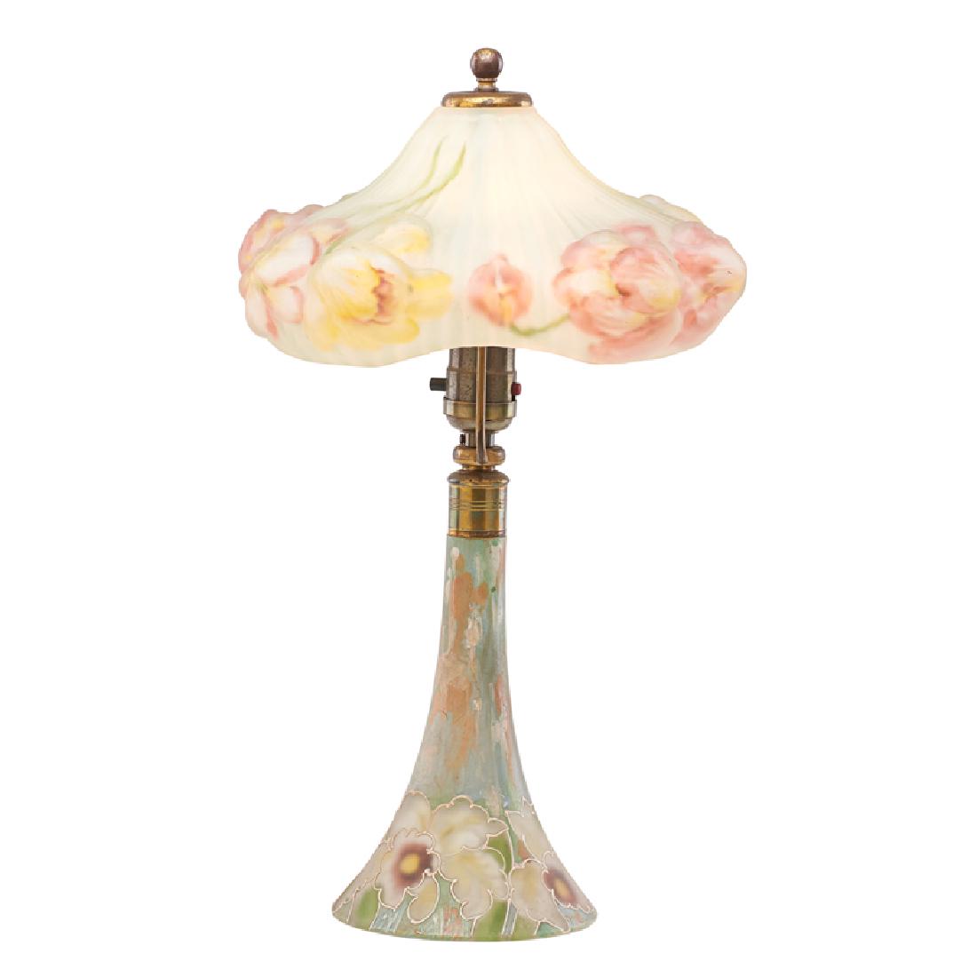PAIRPOINT Puffy boudoir lamp: PAIRPOINT Puffy boudoir lamp, Tulip shade with tulips and decorated base, New Bedford, MA, 1910s-20s Obverse- and reverse-painted frosted glass, patinated metal, single socket The Pairpoint Corp'n sta
