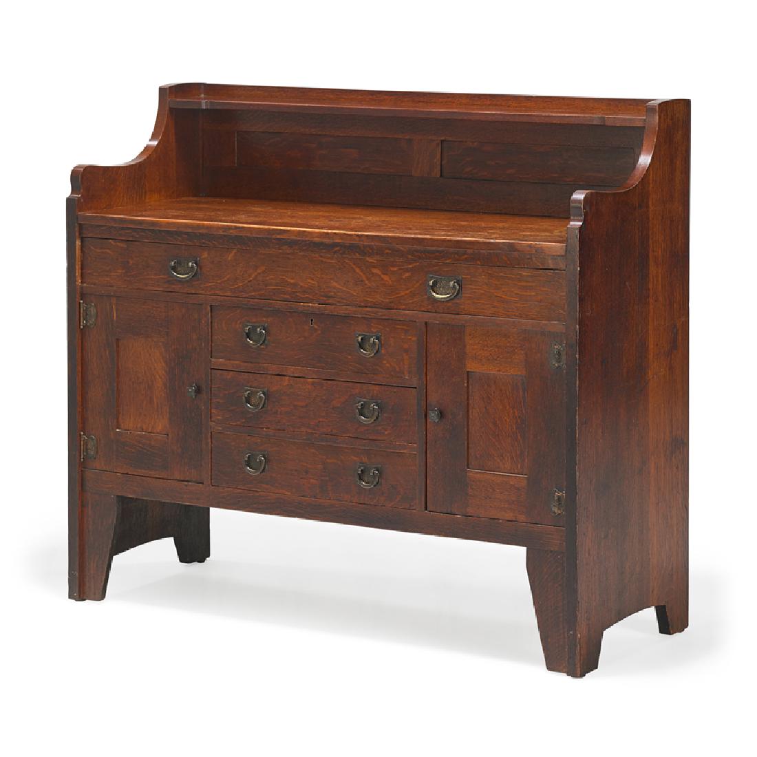 STICKLEY BROTHERS Sideboard: STICKLEY BROTHERS Sideboard, Grand Rapids, MI, early 20th C. Metal retailer label 48" x 54" x 21"