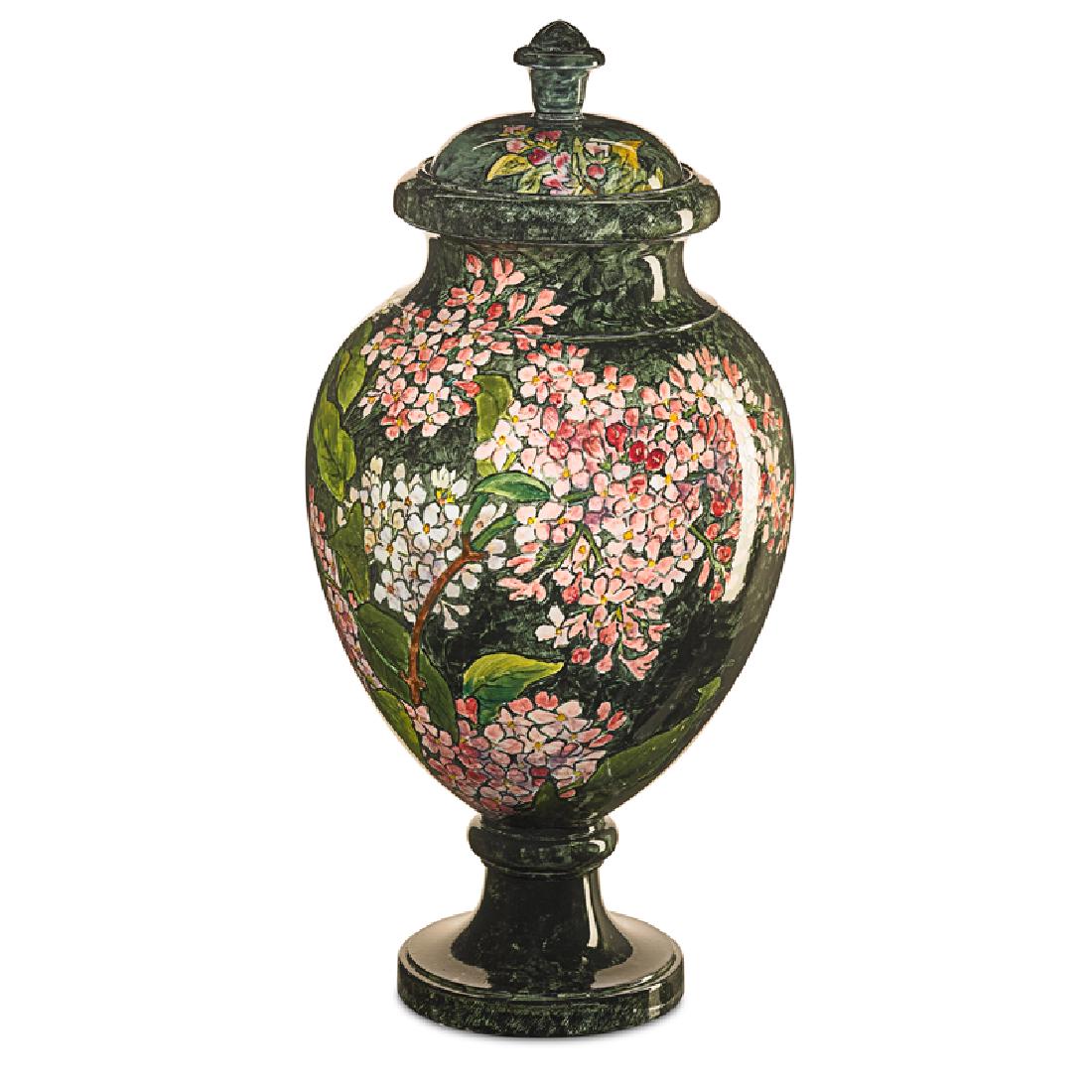 JOHN BENNETT Fine large lidded urn: JOHN BENNETT (1840 - 1907) Fine, large, and rare lidded urn with hydrangea, USA, late 19th C. Signed Bennett 16 1/2" x 7 1/2"