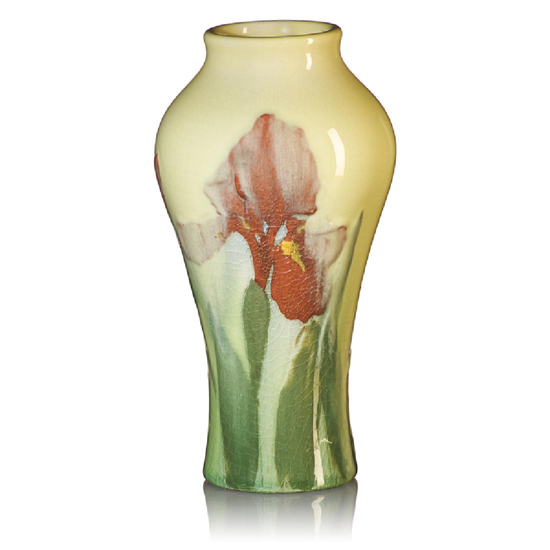 MATT DALY; ROOKWOOD Rare Relief Iris vase: MATT DALY (1860 - 1937) ROOKWOOD Rare Relief Iris vase with iris, Cincinnati, OH, 1900 Flame mark/909C/M. A. DALY 9 1/4" x 5"
