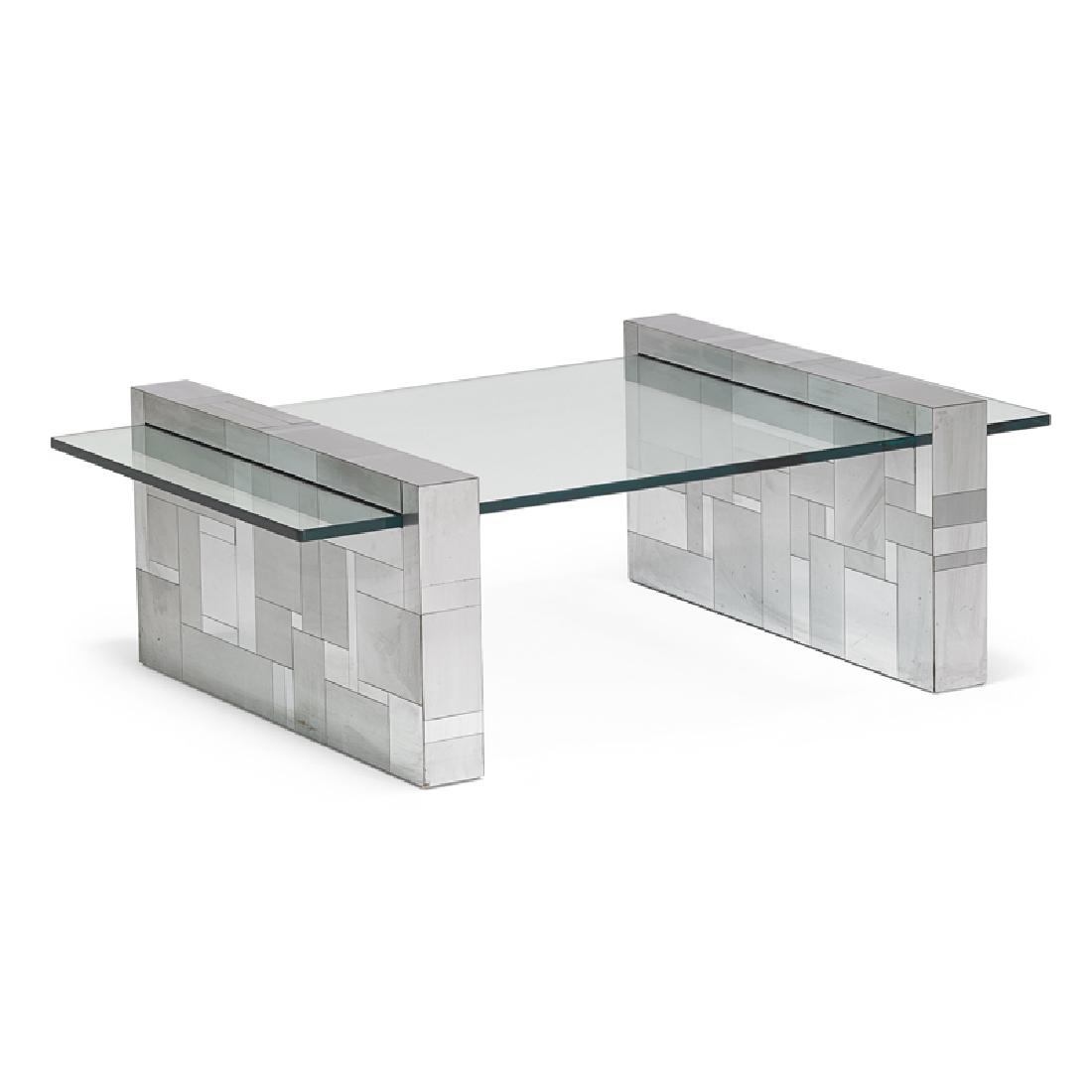 PAUL EVANS Cityscape coffee table: PAUL EVANS (1931 - 1987) DIRECTIONAL Cityscape coffee table, USA, 1970s Bright- and matte-chromed steel, glass Unmarked 18" x 36" x 54"