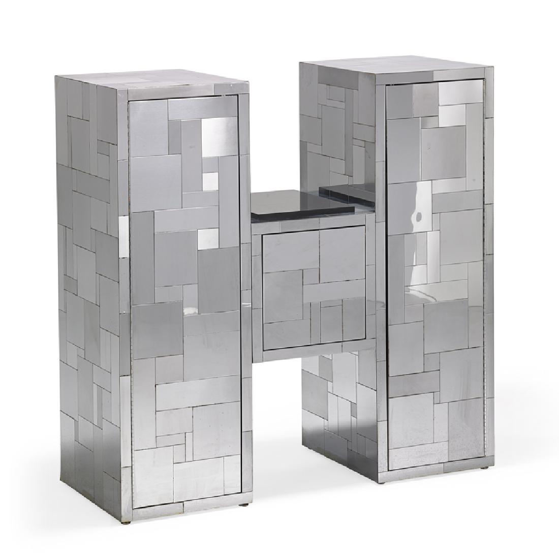 PAUL EVANS Cityscape cabinet: PAUL EVANS (1931 - 1987) DIRECTIONAL Cityscape cabinet, USA, 1970s Bright- and matte-chromed steel, laminate Etched signature 54 1/2" x 54" x 22"