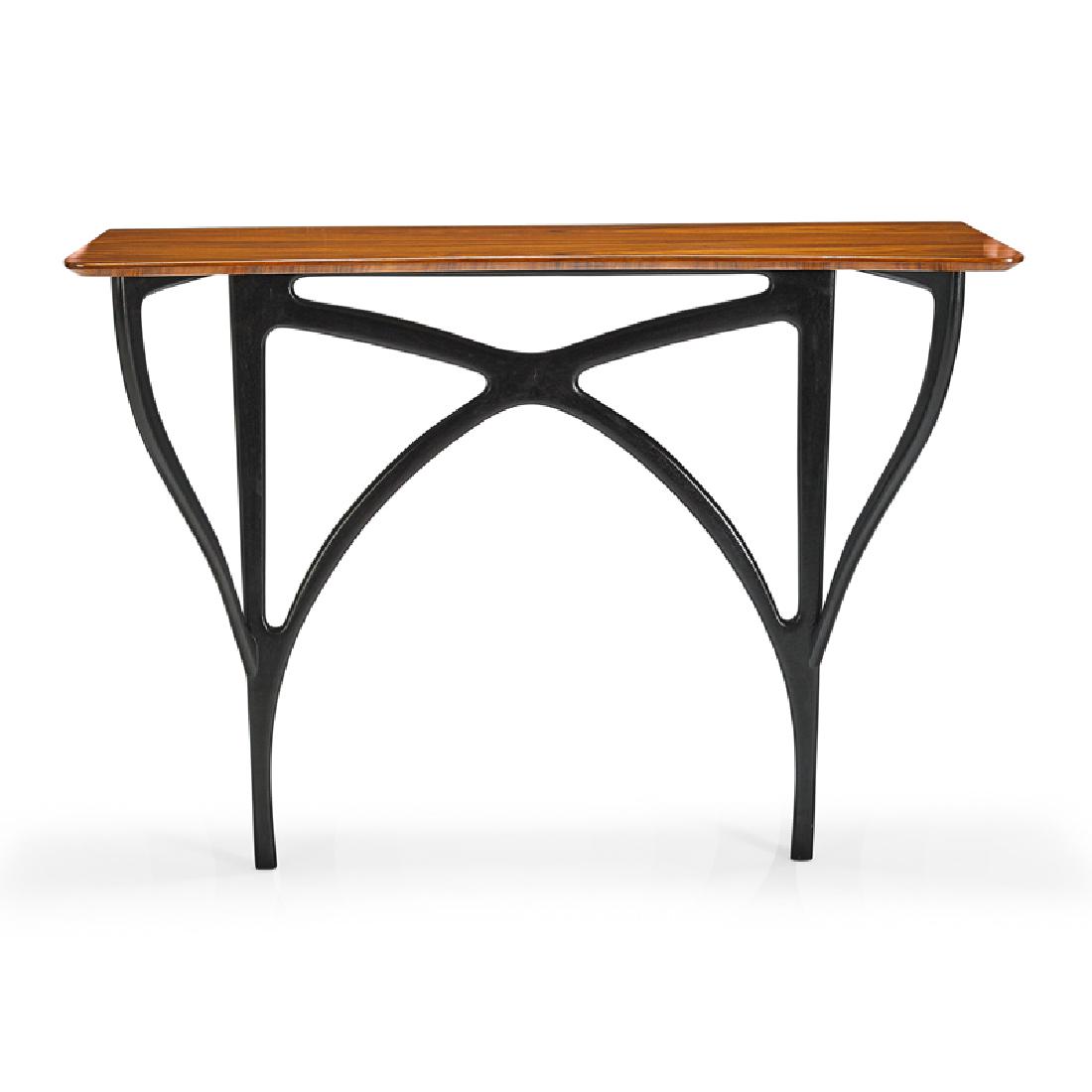 ICO PARISI Wall-mounting console table: ICO PARISI (1916 - 1996) ARTECASA Wall-mounting console table, Italy, ca. 1950 Brazilian rosewood, ebonized walnut Unmarked 28 3/4" x 44 3/4" x 13" Provenance: Authenticated by Roberta Lietti of the I
