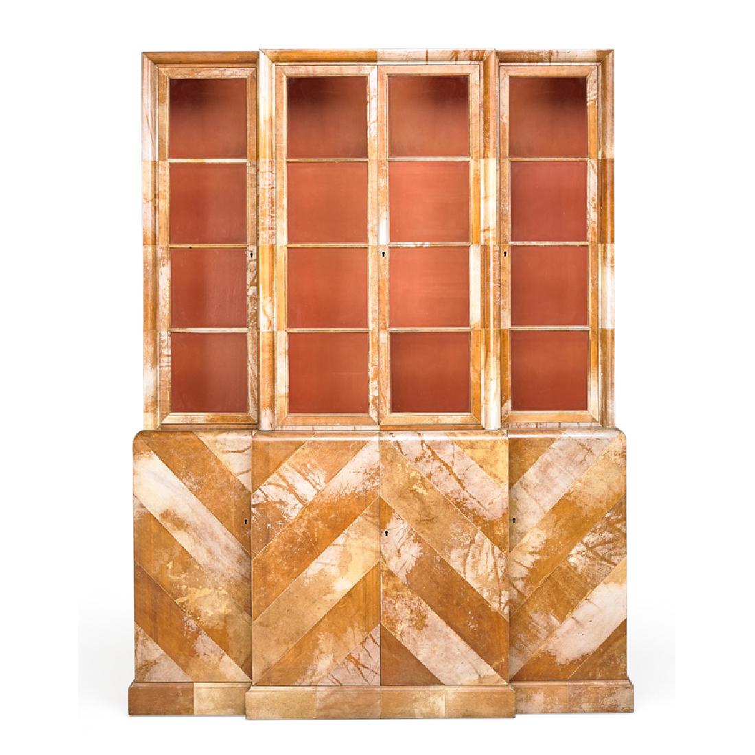 SAMUEL MARX (Attr.) Herringbone Parchment cabinet: SAMUEL MARX (Attr.)(1885 - 1964) Herringbone Parchment cabinet, USA, 1940s Parchment, enameled wood, glass Unmarked 84" x 21" x 64" Literature: O'Brien, Samuel Marx: Furniture and Decoration, 1996, p.