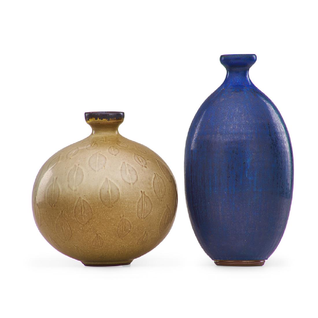 RUPERT DEESE Two vases: RUPERT DEESE (1924 - 2010) Two vases, one with leaves, Claremont, CA Glazed stoneware Both signed 10", 7 1/2" Provenance: Private collection, California