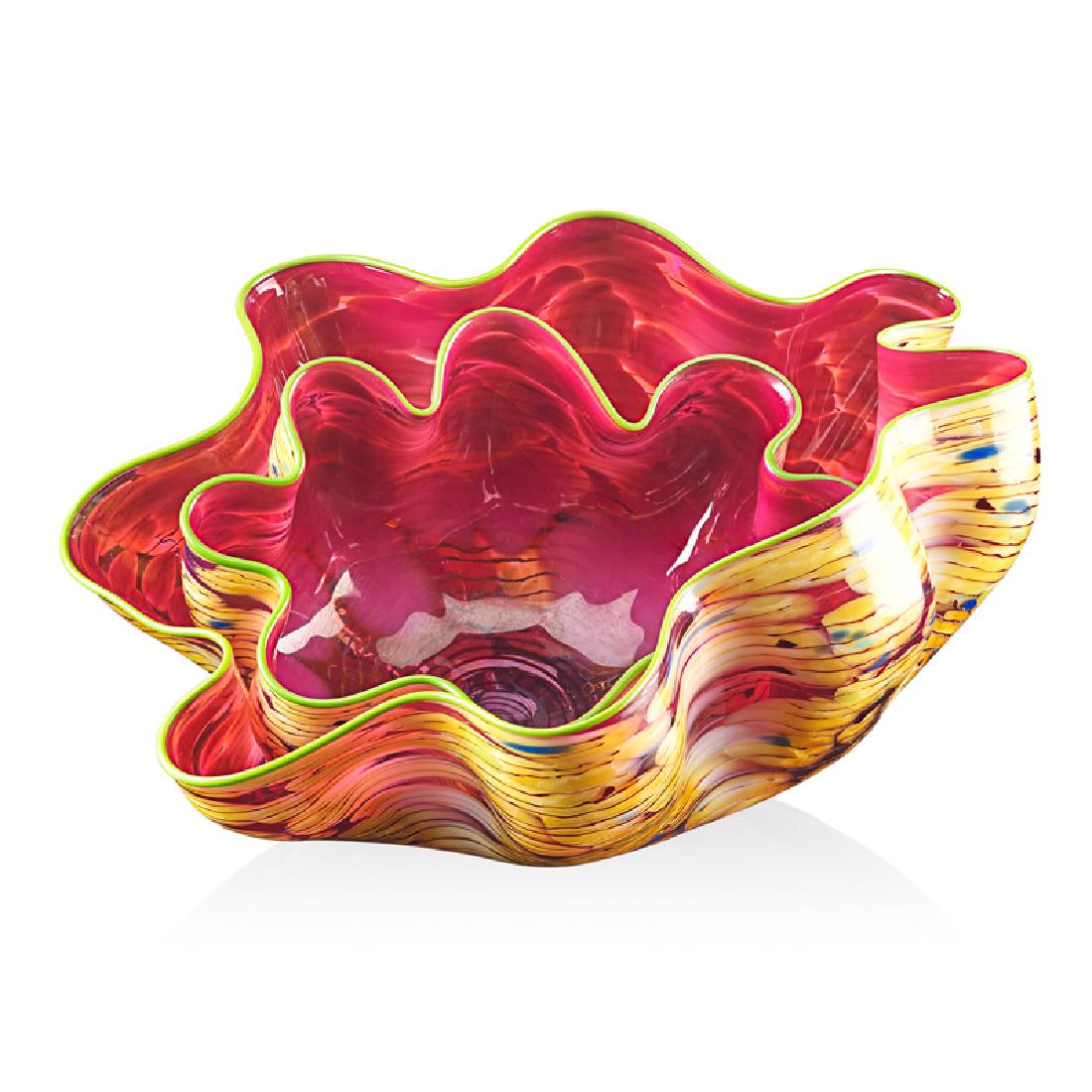 DALE CHIHULY; PORTLAND PRESS Two-piece Macchia: DALE CHIHULY (b. 1941) PORTLAND PRESS Two-piece Moroccan Macchia, Seattle, WA, 2003 Blown glass Smaller element etched Chihuly PP03 Larger: 5 1/4" x 11" x 8 1/2"