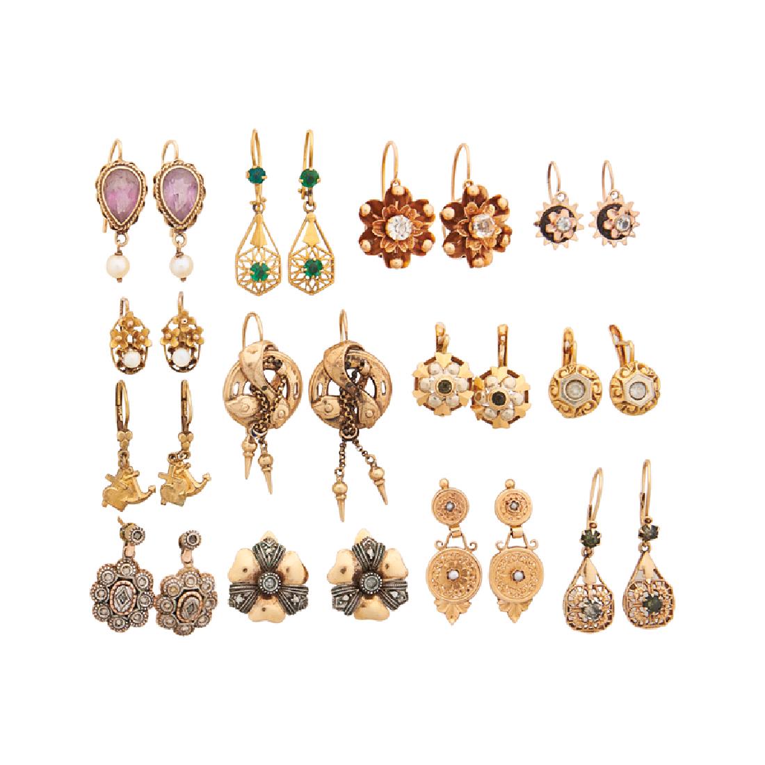 EARLY 20TH C. DROP EARRINGS: Comprising eleven pairs of yellow gold earrings with seed pearls, amethyst, rose-cut diamonds, white or colored glass; Two pairs of gold-filled or silver earrings. 20.3 dwt. (gold). 4.2 gs. (silver).