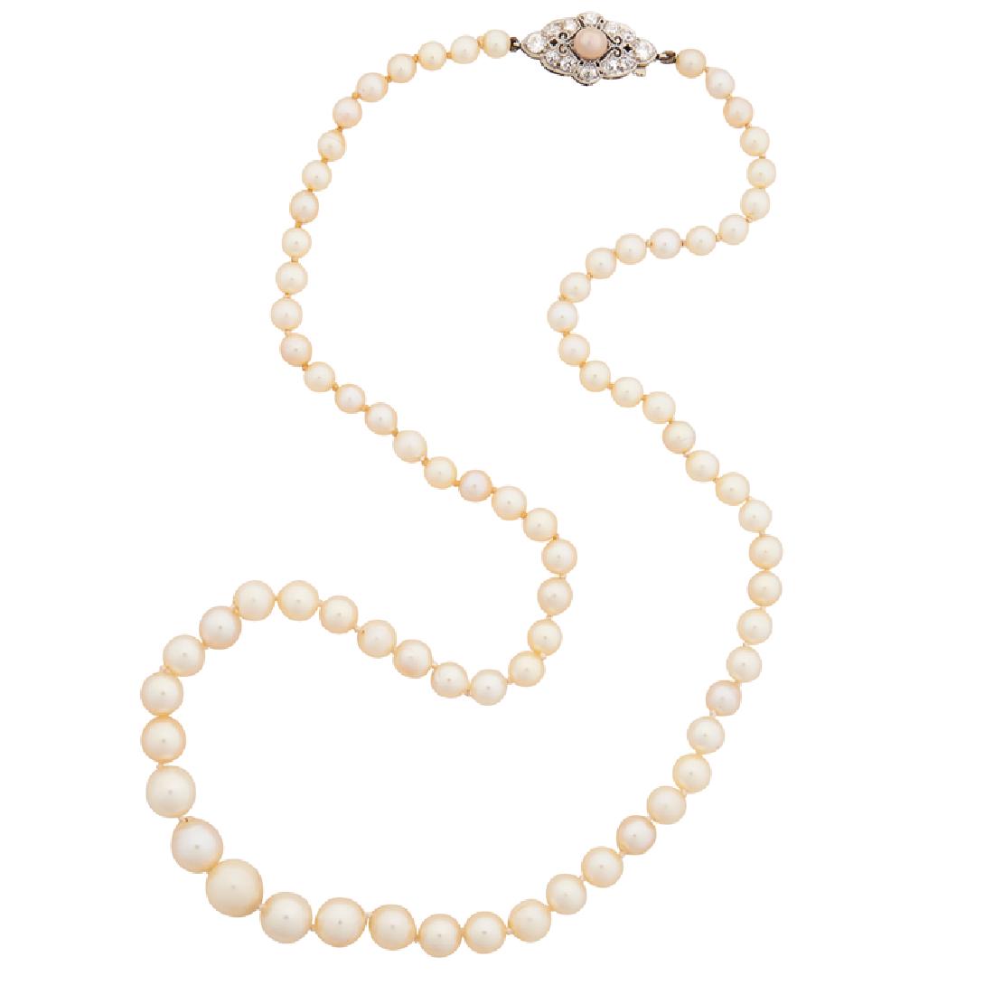SALTWATER CULTURED PEARL NECKLACE: A strand of seventy-seven graduated pearls, 4.67-8.53 mm, joined by an Edwardian OEC diamond and platinum navette clasp, approx. .70 ct. TW. 20". 2.2 dwt. (supported weight)