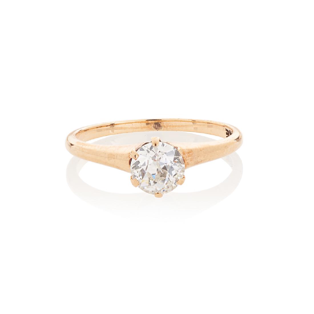 EARLY 20TH. C. DIAMOND & YELLOW GOLD ENGAGEMENT RING: The OEC diamond, approx. .77 ct. by formula, six-prong set. 14k. Size 6 1/2. 1.34 dwt.