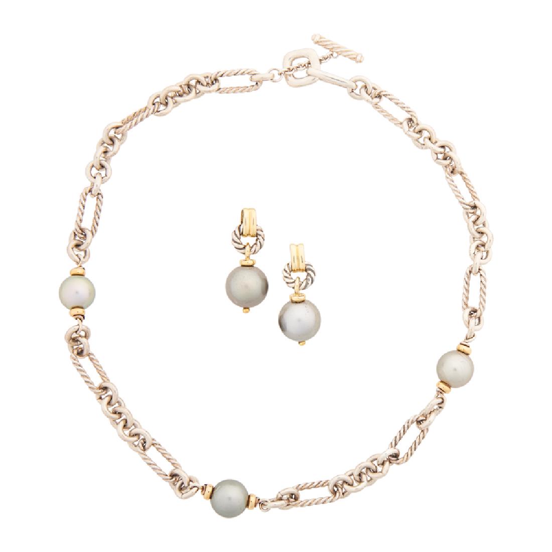 DAVID YURMAN PEARL & STERLING NECKLACE & EARRINGS: With Tahitian South Sea saltwater cultured pearls between cable links and 14k yellow gold accents. Stamped by the maker. 16", 1". 50.9 gs.