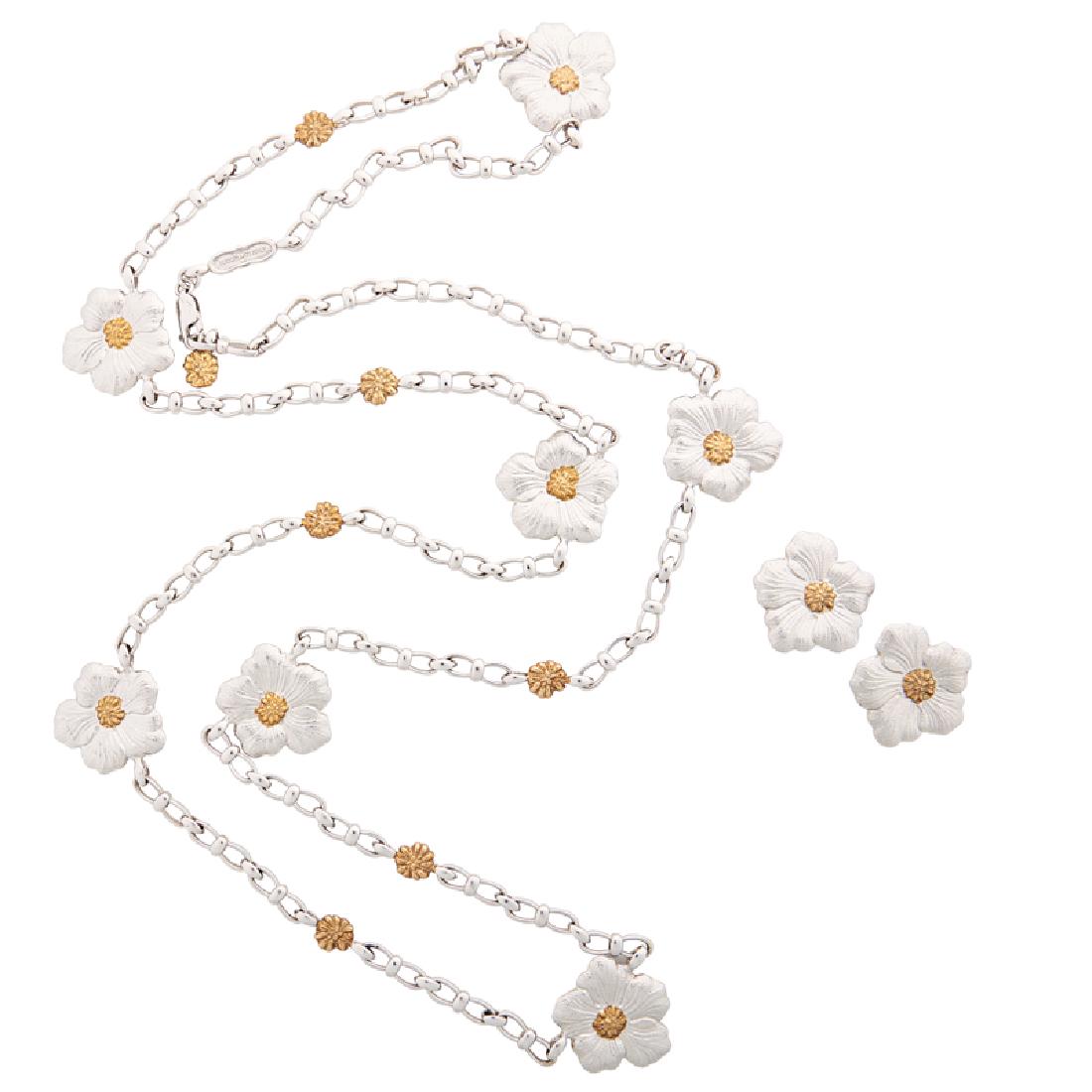 BUCCELLATI STERLING GARDENIA NECKLACE & EARRINGS: Designed as cast and engraved sterling petals, centering yellow gold-topped anthers. Stamped by the maker, Italy. 46", 1". 79.2 gs. With original earring box.