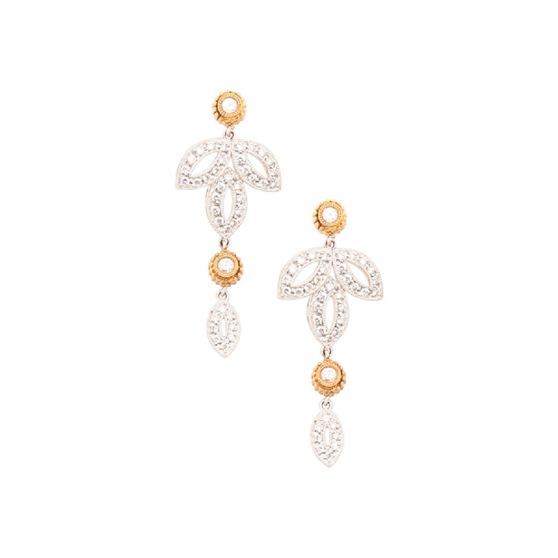 DIAMOND FOLIATE & BICOLOR GOLD DROP EARRINGS: Each a cluster of RBC diamond open form white gold leaves, suspending from a yellow gold bezel-set RBC diamond, approx. .45 ct. TW. throughout. 18k. 1 1/4". 3.0 dwt.
