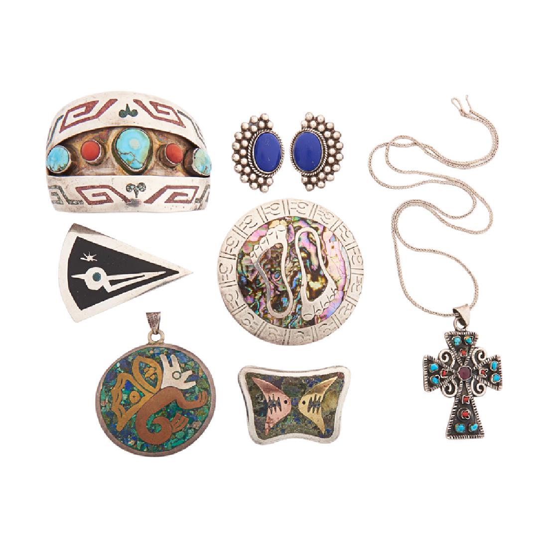 MEXICAN HARDSTONE & STERLING JEWELRY: A turquoise & coral wide cuff bracelet; A pair of oval lapis cabochon earrings; A turquoise and lapis inlaid pendant; An amethyst, turquoise and coral cross pendant on wheat link chain; Three abalone 