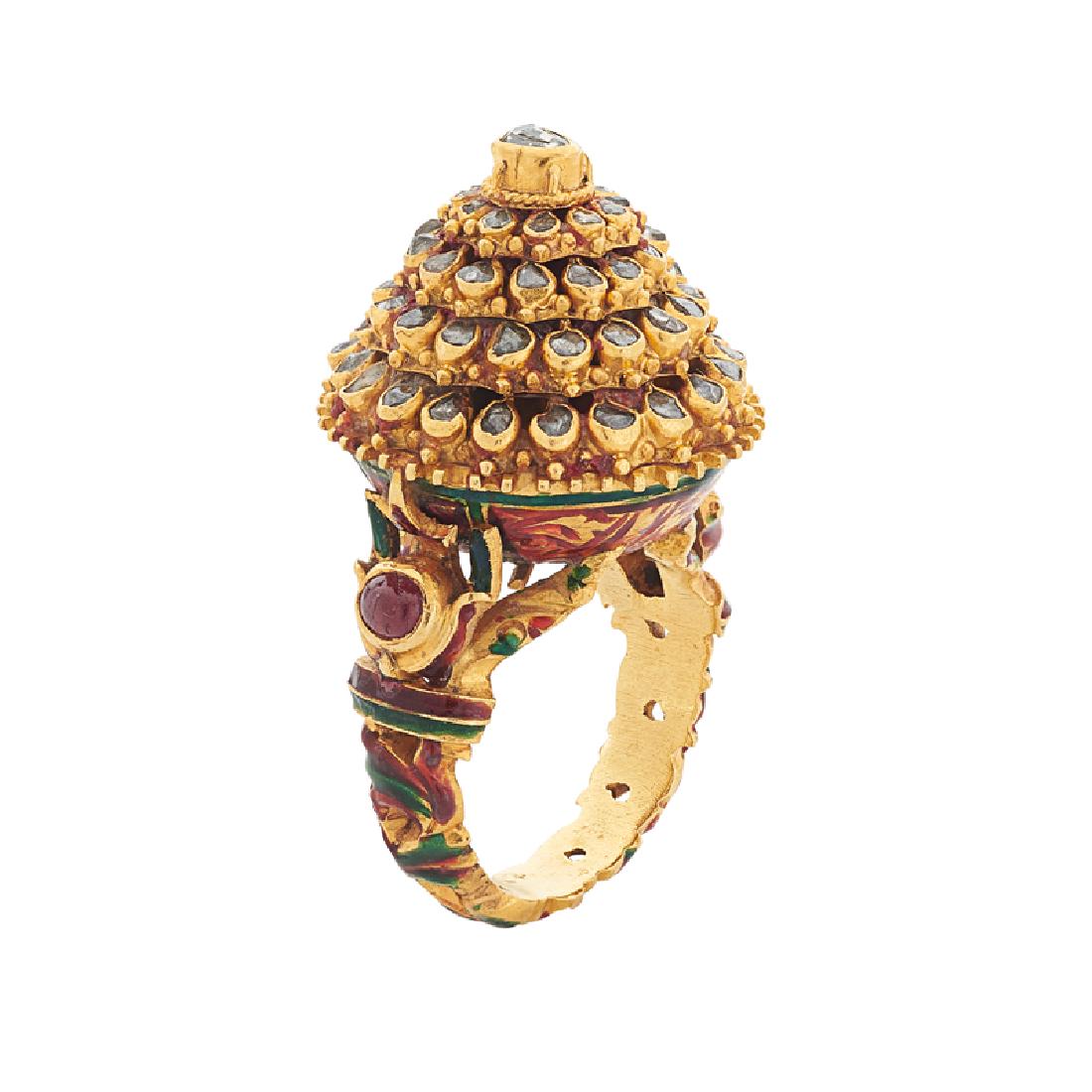 DIAMOND & YELLOW GOLD THAI PRINCESS RING: With tiers of rose-cut diamonds over a red and green enameled gallery, oval ruby cabochon shoulders. 22k. Size 7 1/4. 19.1 dwt. GW. (weighted).