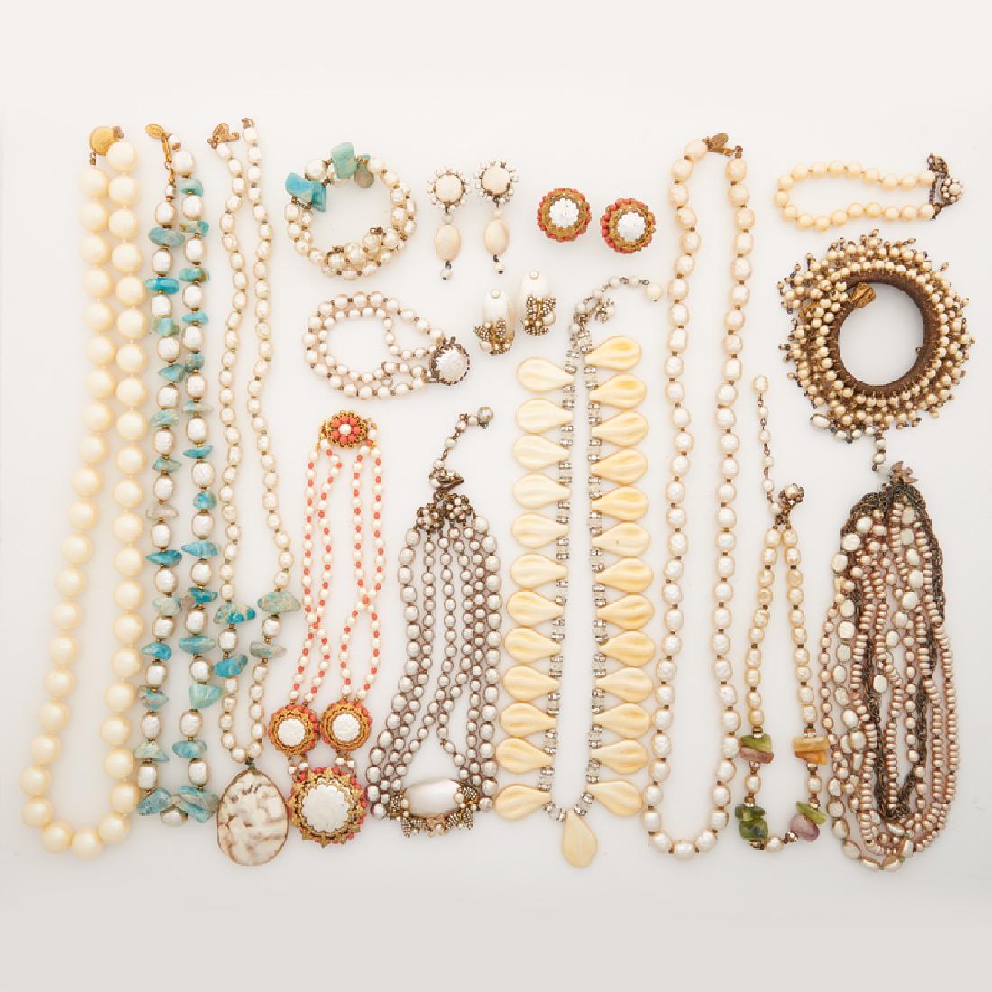 MIRIAM HASKELL IMITATION PEARL COSTUME JEWELRY: Comprising a necklace and earring suite with coral glass accents; A cuff bracelet, necklace and pendant necklace with turquoise glass nugget accents; A shell necklace and earring suite accented by imi