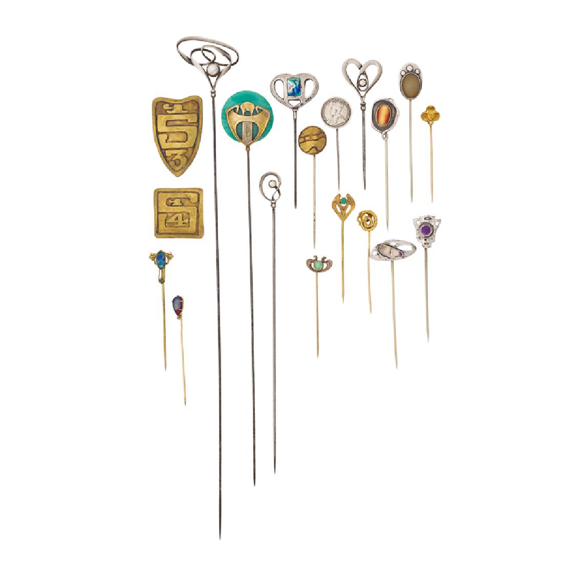 EARLY 20TH C. HAT OR STICKPINS & PIECES: Comprising two English silver and a Charles Horner gold-filled hat pins; Sixteen gold, silver, or gold-filled stickpins, including English silver, English Arts & Crafts by James Willmore, Murrle Benne