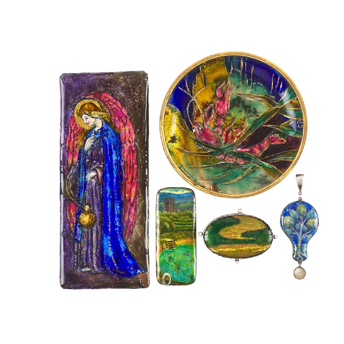 ARTS & CRAFTS LIMOGES ENAMEL JEWELRY, ACCESSORIES: A panel depicting Mary Magdalene; A scenic panel with iridescent ground; A trinket tray depicting a lobster; Guild of Handicraft silver pendant with stylized lemon tree; A green and yellow iridescent 