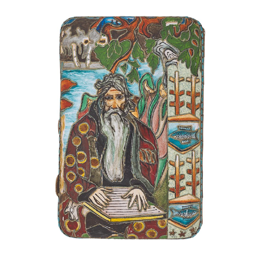 RUSSIAN ENAMELED SILVER-GILT CIGARETTE CASE: The polychrome shaded cloisonne depicts St. Matthew and associated symbolism. 1900-1908. Stamped by the maker AH, possibly Anders Johan Navalinen. 4" x 2 1/2". 182.5 gs.