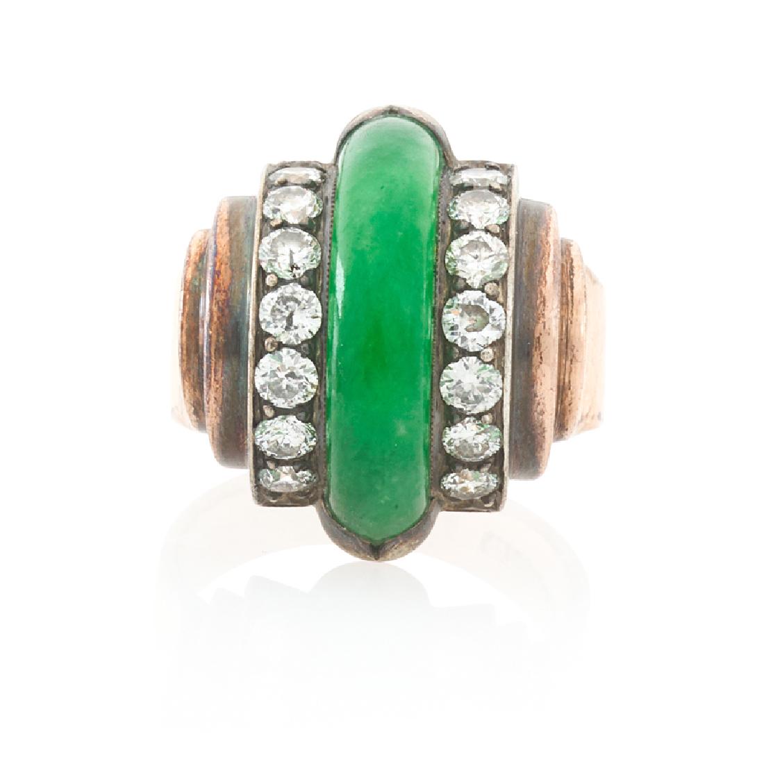 RETRO JADE, DIAMOND & ROSE GOLD RING: Designed as lines of carved jade, transitional-cut diamonds, approx. .84 ct. TW. or tiered gold. 14k. Size 6. 4.9 dwt.