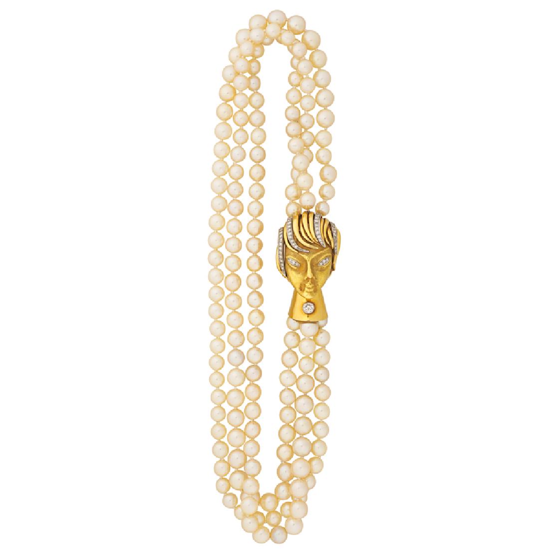 FRANCO CANNILLA, MASENZA ROMA "MEDUSA" NECKLACE: A figural yellow gold clasp with bright or single-cut diamond white gold hair, pavÃ© eyes and bright collar bezel-set with a transitional-cut diamond, approx. 1.35 cts. TW., joins a three-strand tor