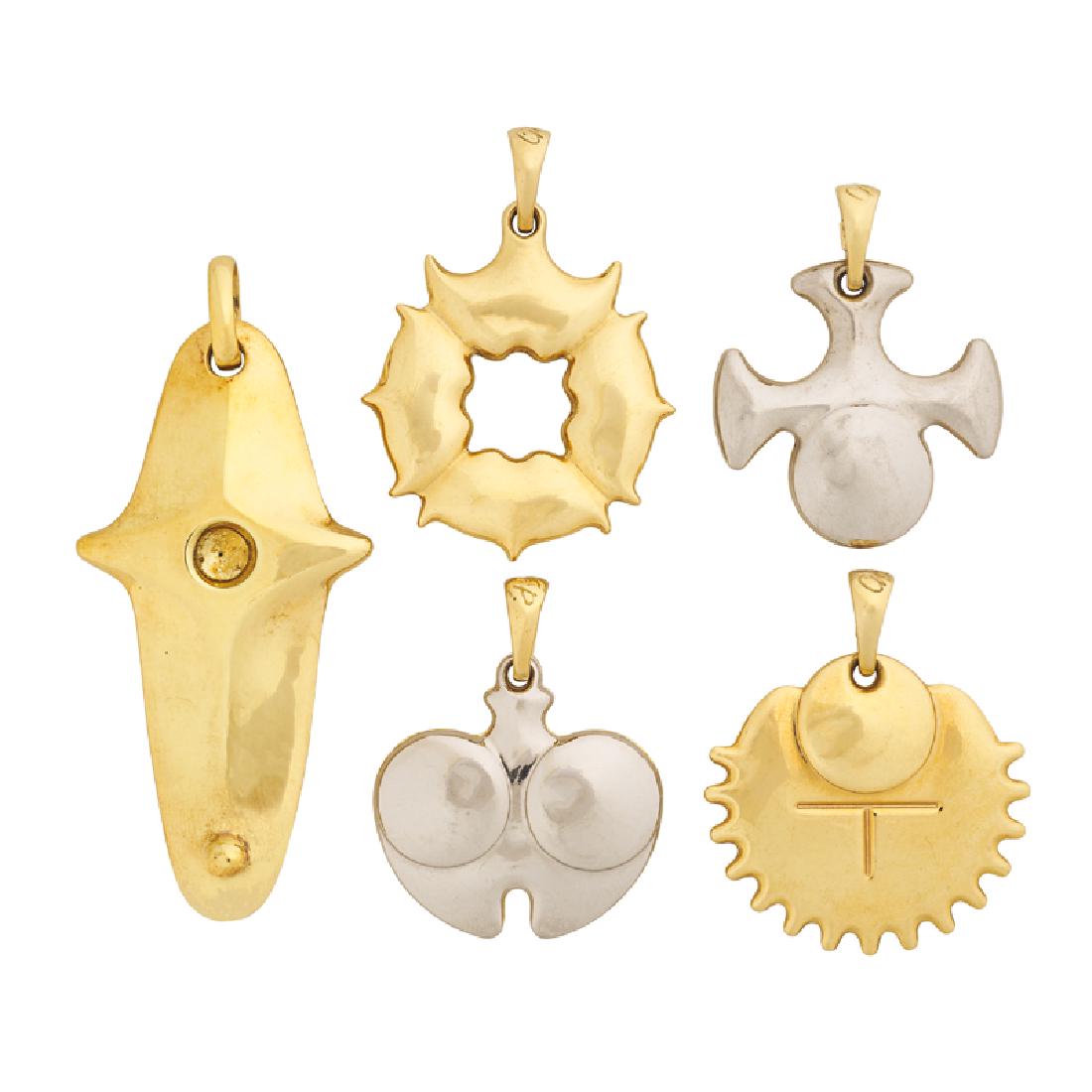 GIO POMODORO, UNO AERRE "STUDY OF SPACES" PENDANTS: Comprising four "Study of Spores" and "Mother Goddess" yellow gold electroplated platinum pendants. 1995. 18k. Stamped by the maker. 22.8 dwt. With three original boxes. Featured in "Ornamenti" Gio Po