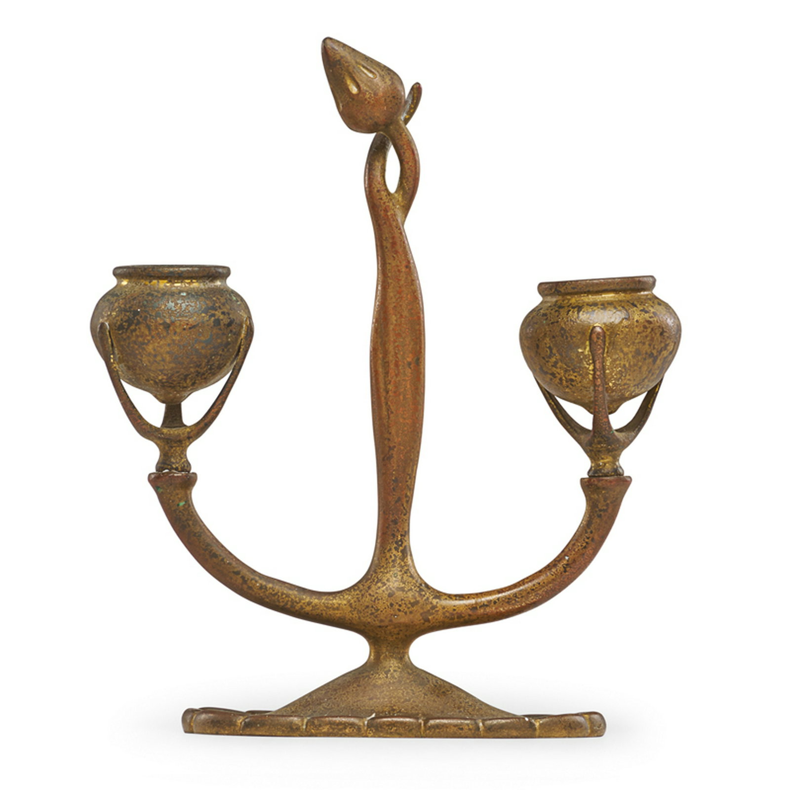 TIFFANY STUDIOS: Fleur-de-Lis candelabrum, New York, early 20th C. Acid-etched gilt bronze Stamped TIFFANY STUDIOS/NEW YORK/1230 with cipher 8 3/4" x 7 1/2" x 3"
