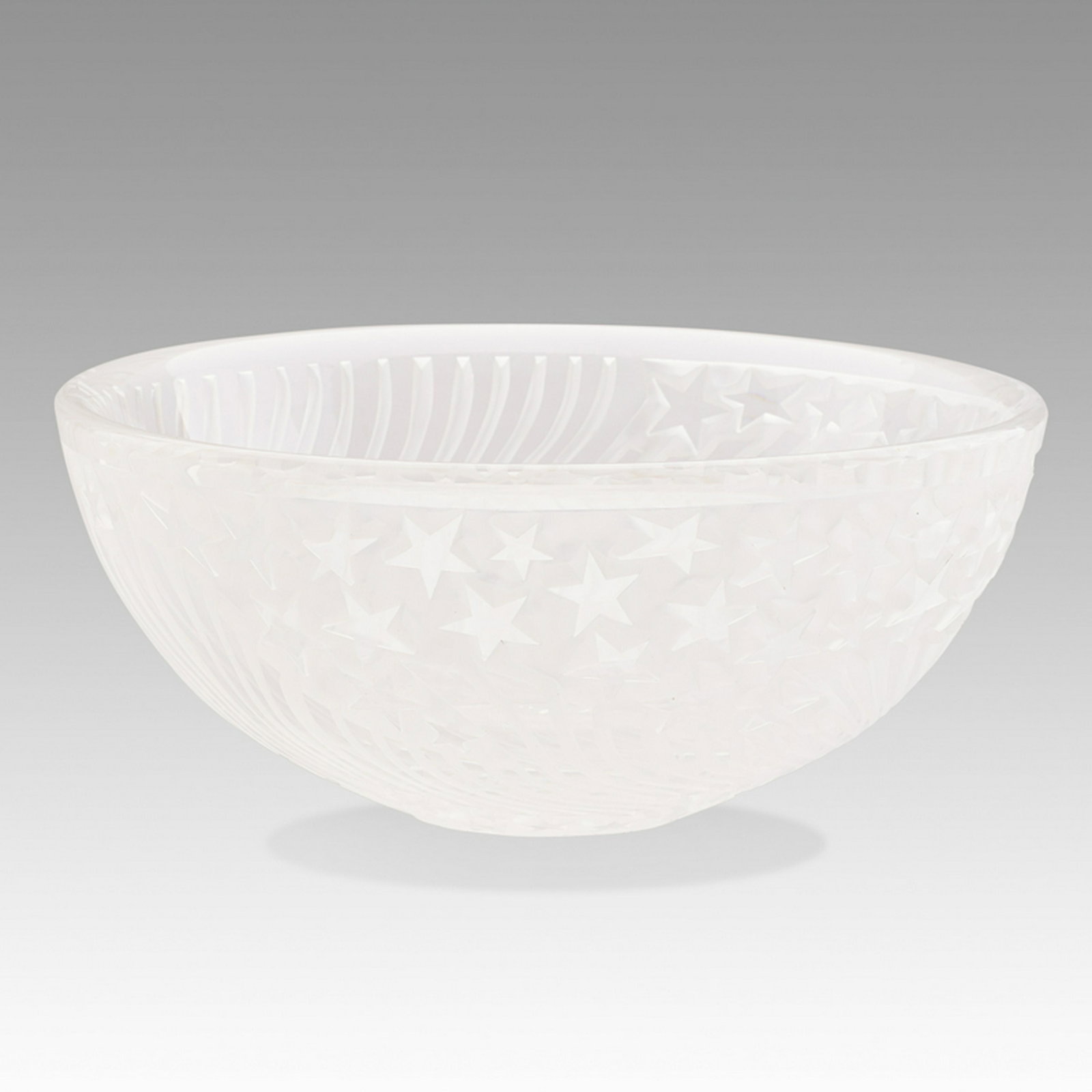 STEUBEN: "Stars and Stripes" presentation bowl, Corning, NY, 20th c. Blown, frosted, and cut glass Signed 5" x 11 1/2" dia.