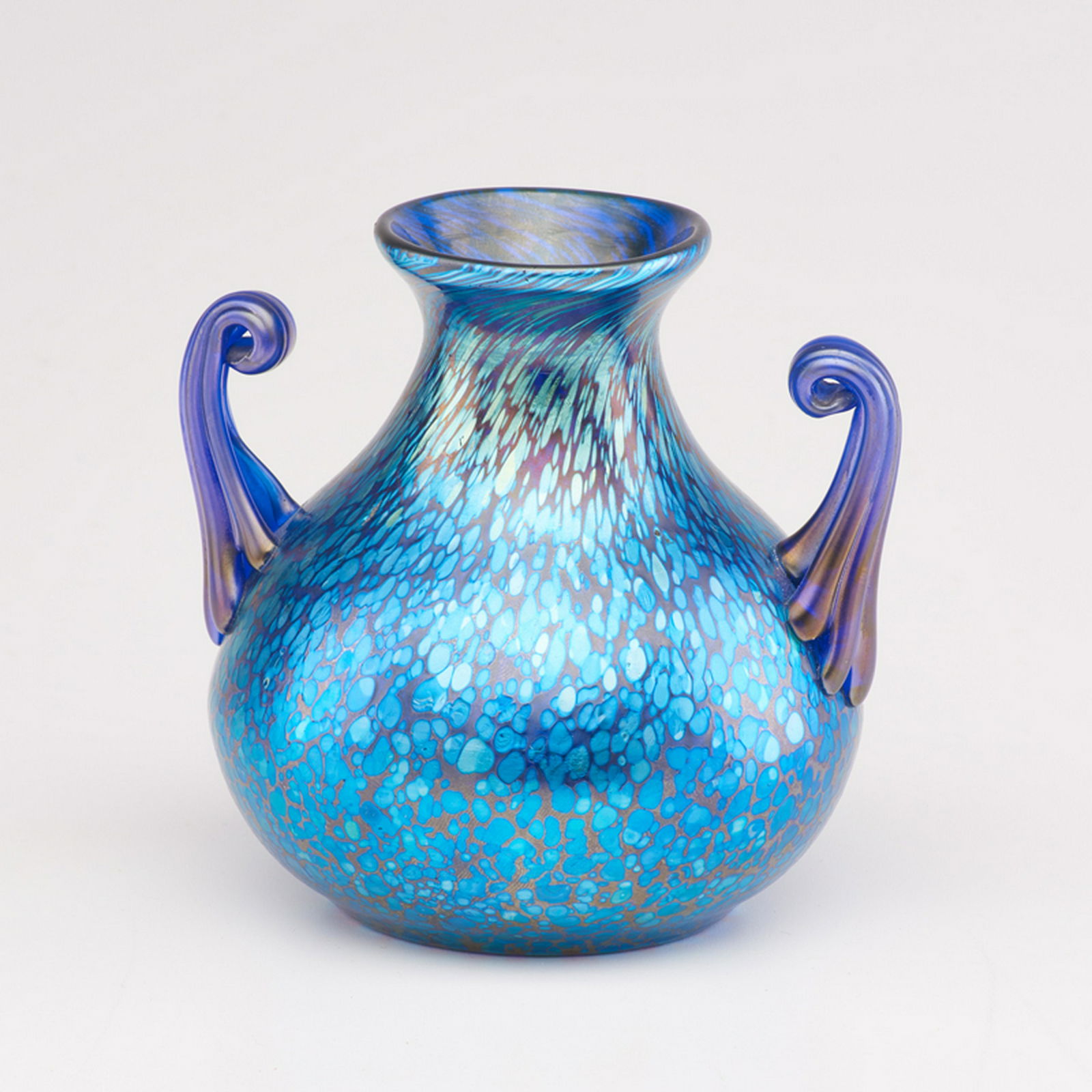 LOETZ: Blue Papillon handled vase, Austria, ca. 1900s Blown glass Unmarked 4" x 3 3/4" dia.