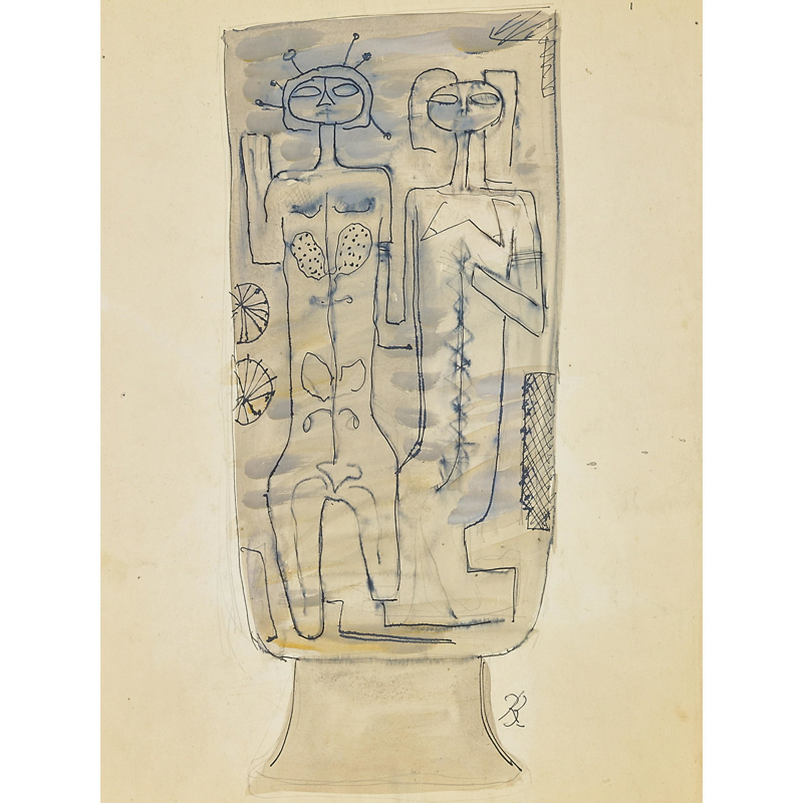 RENE BUTHAUD (1886-1986): Two Gouache and graphite on paper (both unframed) Vase studies (Mermaid, Man and Woman) Each signed RB Larger image: 16" x 7" Provenance: The artist Michel Fortin, Paris Collection of Stephen Engel, F