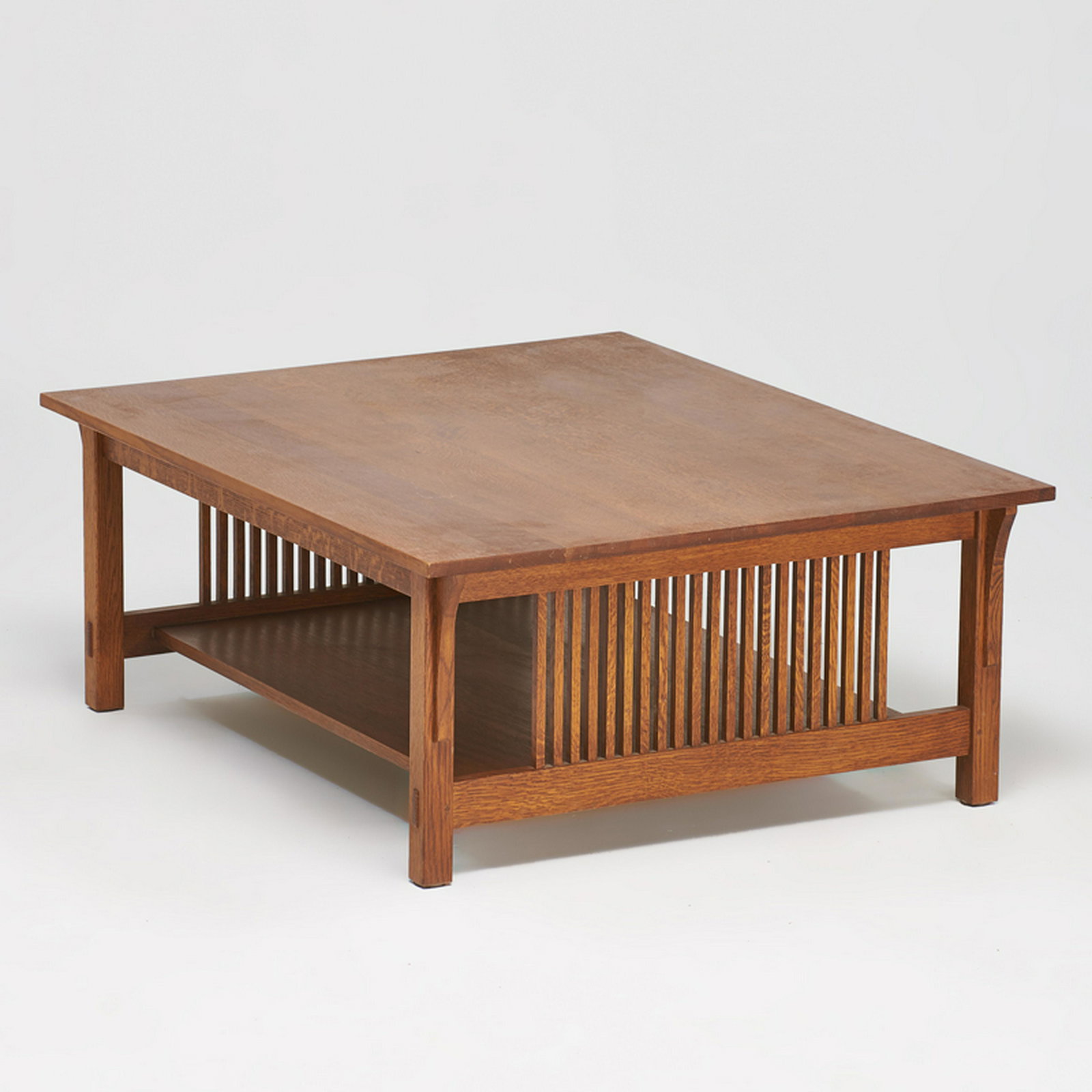 STICKLEY; E.J. AUDI: Contemporary spindled coffee table, Manlius, NY, 2001 Quartersawn oak Metal tag, branded mark 17" x 44" x 36"