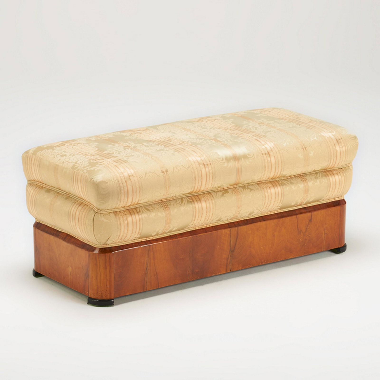 BIEDERMEIER: Upholstered bench, European Walnut veneer, ebonized wood, silk damask upholstery Unmarked 20" x 48"x 22"