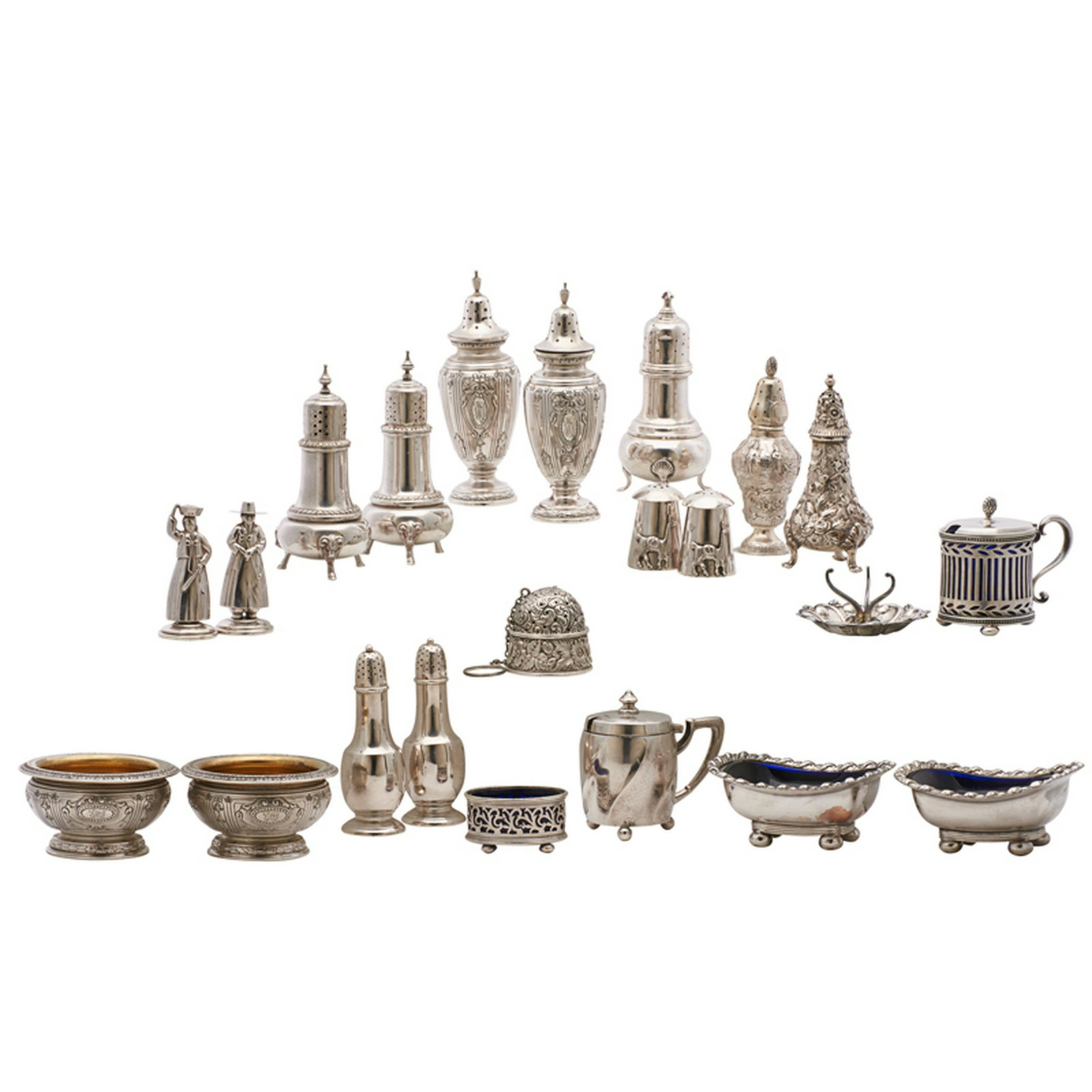 CONTINENTAL SILVER GROUP: Twenty-eight pieces: Assortment of open salts, salt cellars, salt and pepper shakers, tea ball on stand, etc., 19th-20th c. Sterling and gilt silver, silverplate, cobalt and clear cut glass Most marke