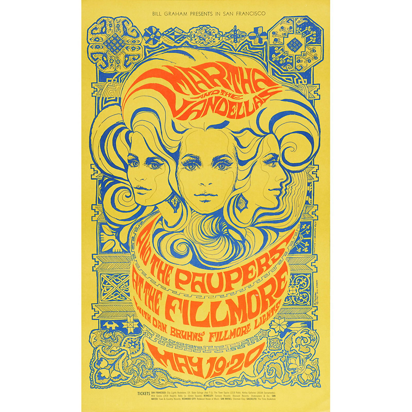 BILL GRAHAM PRESENTS CONCERT POSTERS: Six: Paupers/Marha and the Vandellas, 5/19-20/1967, BG 64 Super Session/Loading Zone, 9/26-28/1968, BG 138 Ten Yars After, 11/14-17/1968, BG 145 Moby Grape/Country Joe and the Fish, 5/2-4/1968, BG 118