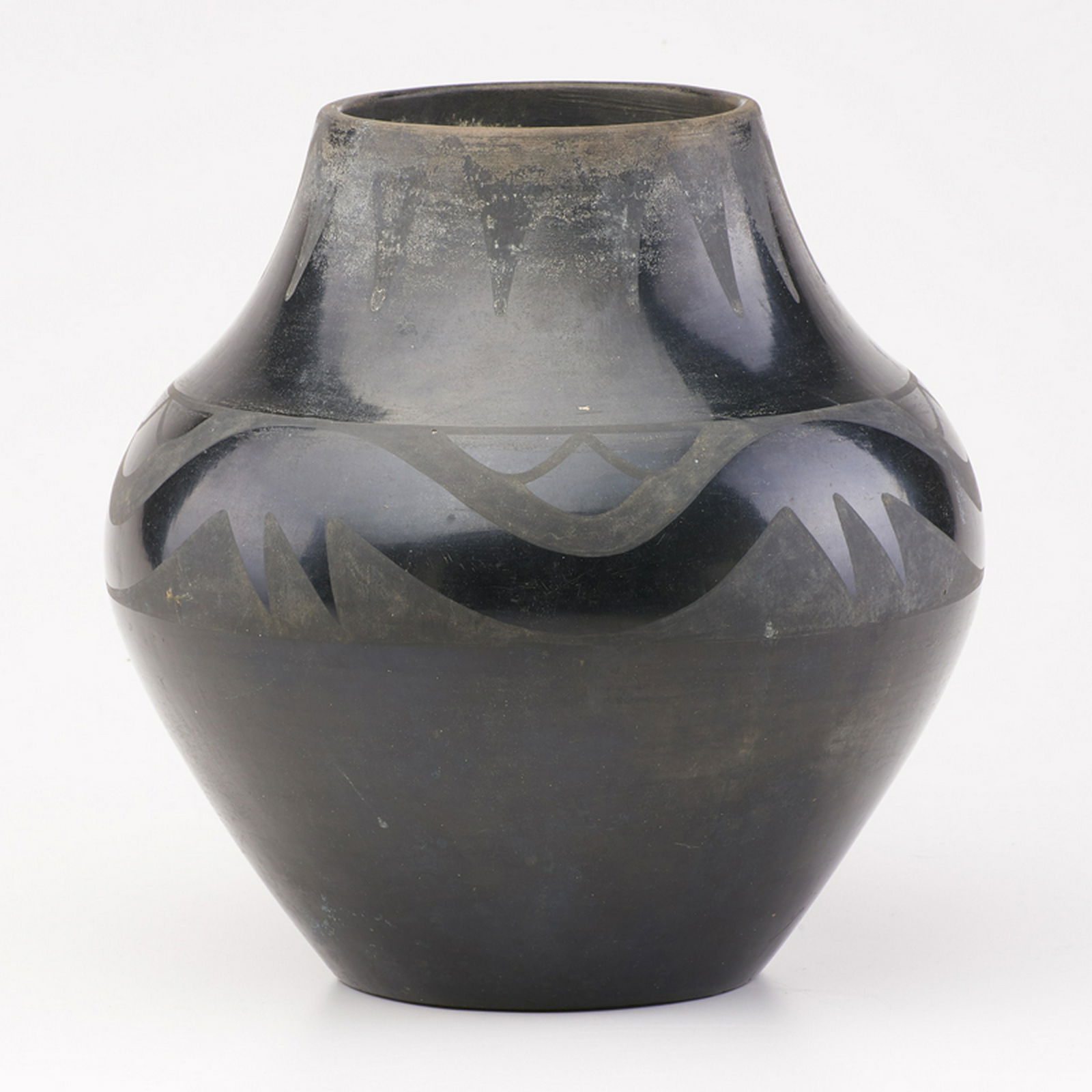 MARIA (1887-1980) & JULIAN MARTINEZ (1884-1943): San Ildefonso blackware pottery vase, with "Avanyu" serpent motif and geometric design, Southwest USA, 1923-1943 Signed 9 1/2" x 9 1/2" dia.